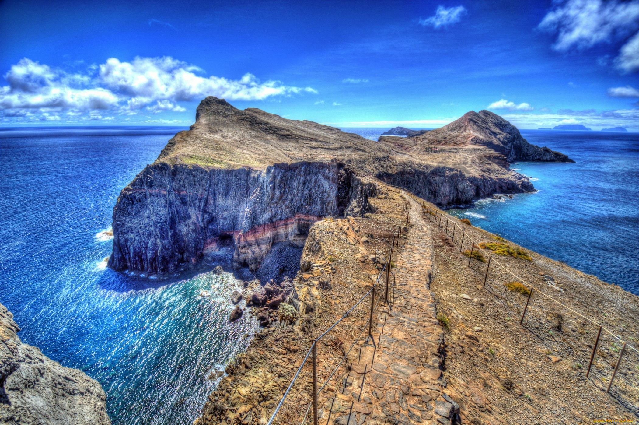 португалия, madeira, природа, побережье, изгородь, тропинка, облака, скалы, берег, море