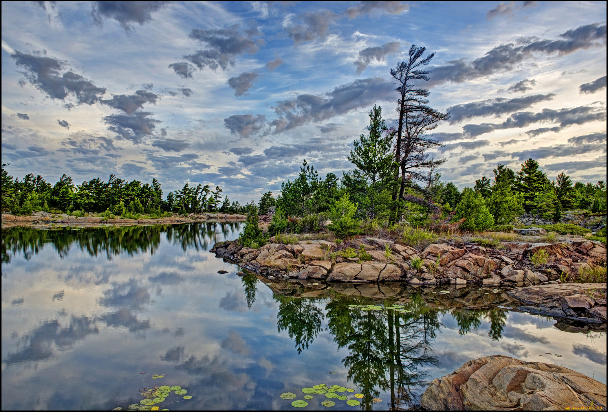 calm, morning, danny, island, природа, побережье, море, остров, скалы, лес, тучи