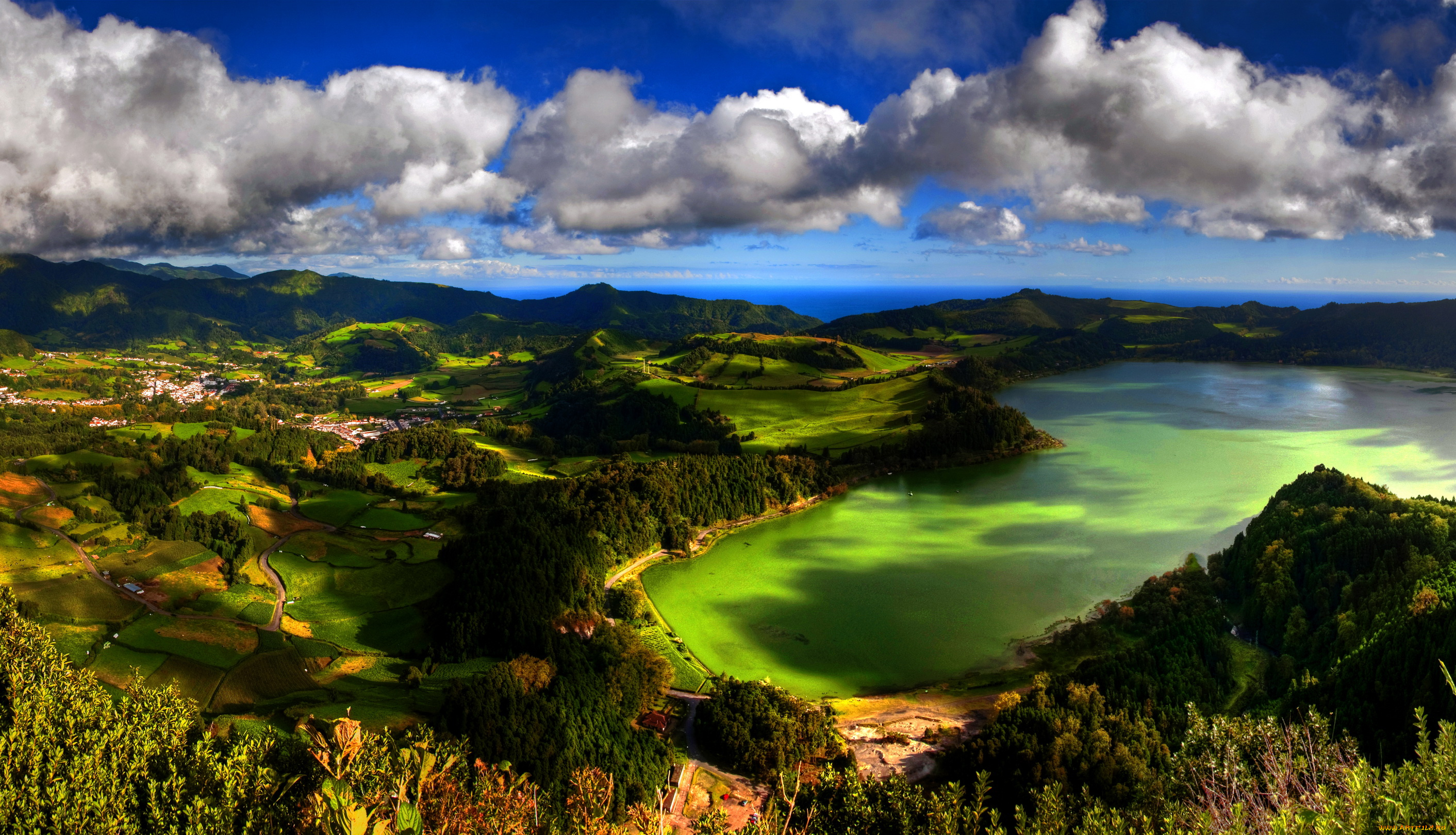 португалия, azores, san, miguel, природа, пейзажи, поля, озеро, деревья, панорама