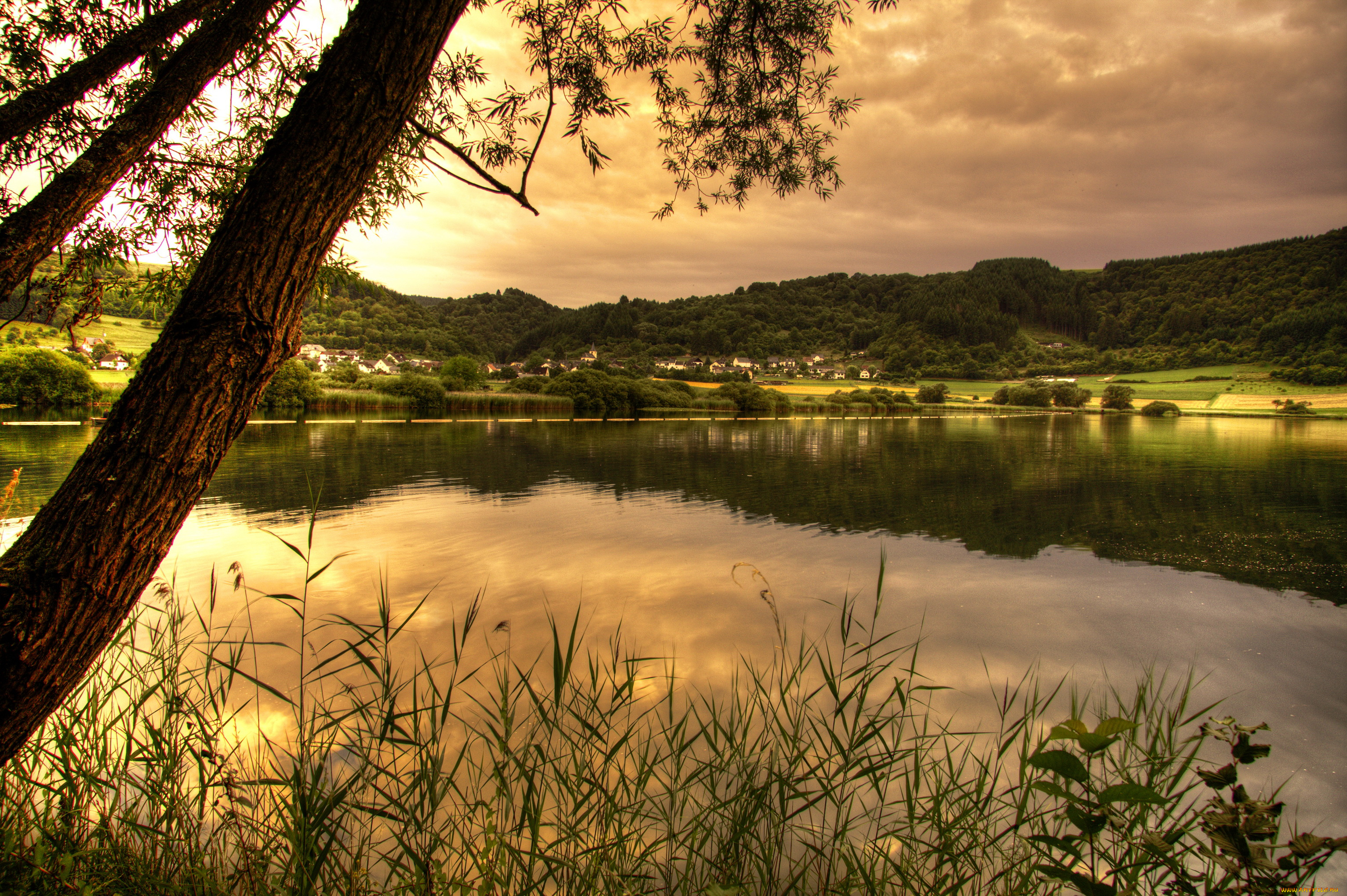 германия, мерфельд, природа, восходы, закаты, пейзаж, дома, река, лес, закат
