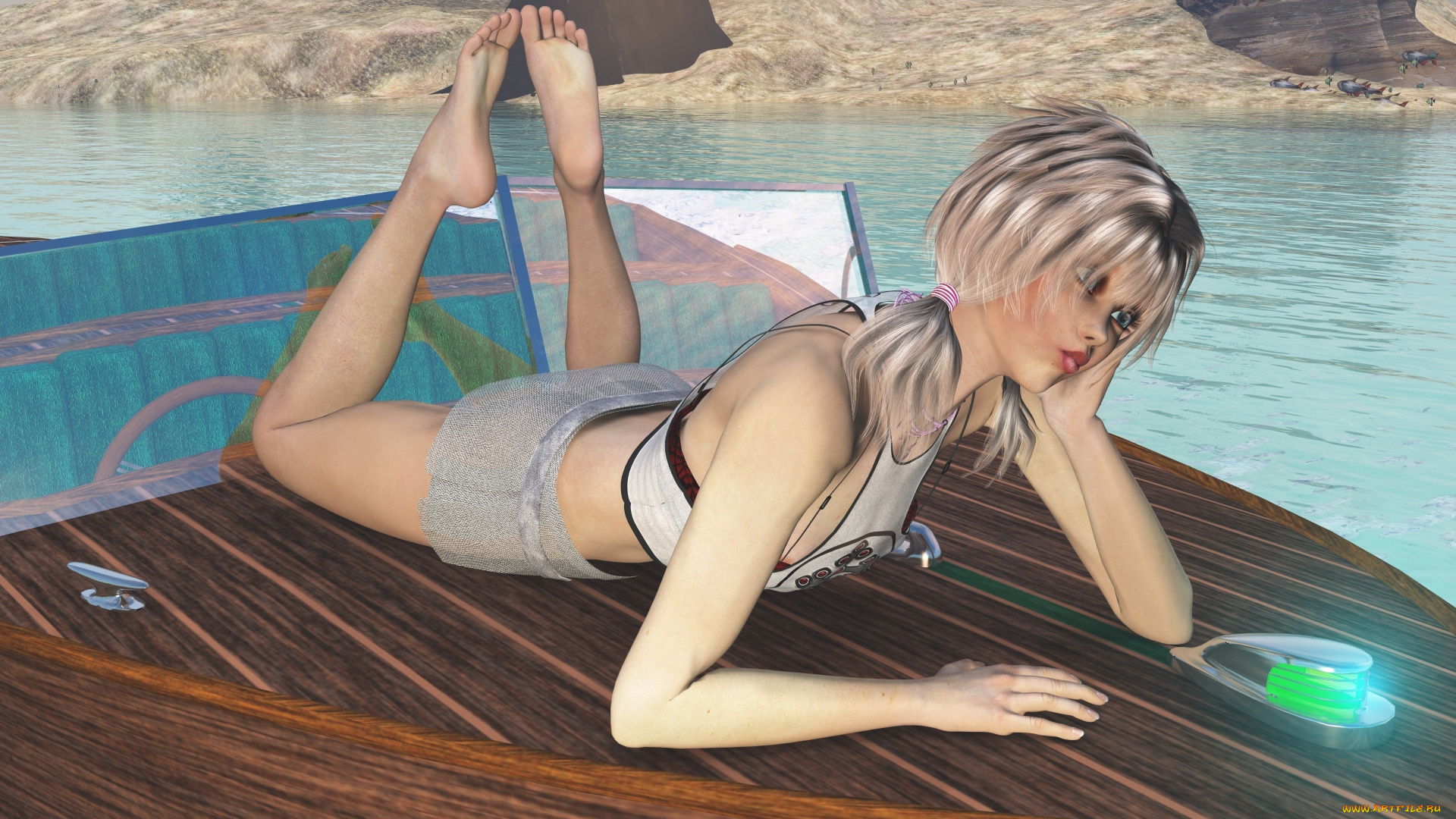 3д, графика, люди, , people, лежит, взгляд, девушка, лодка