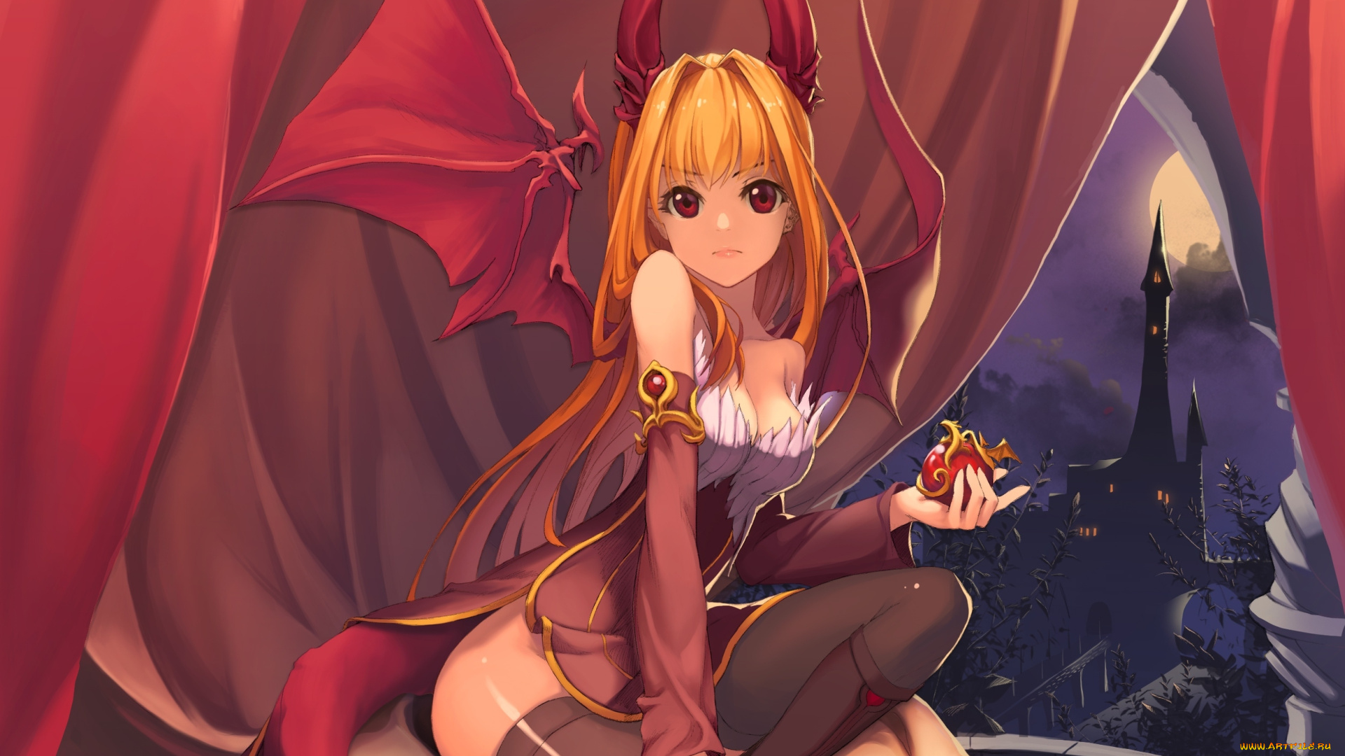 аниме, -angels, &, demons, взгляд, девушка, art, mil-yu, ночь, демон, хвост, крылья, рога, недовольство