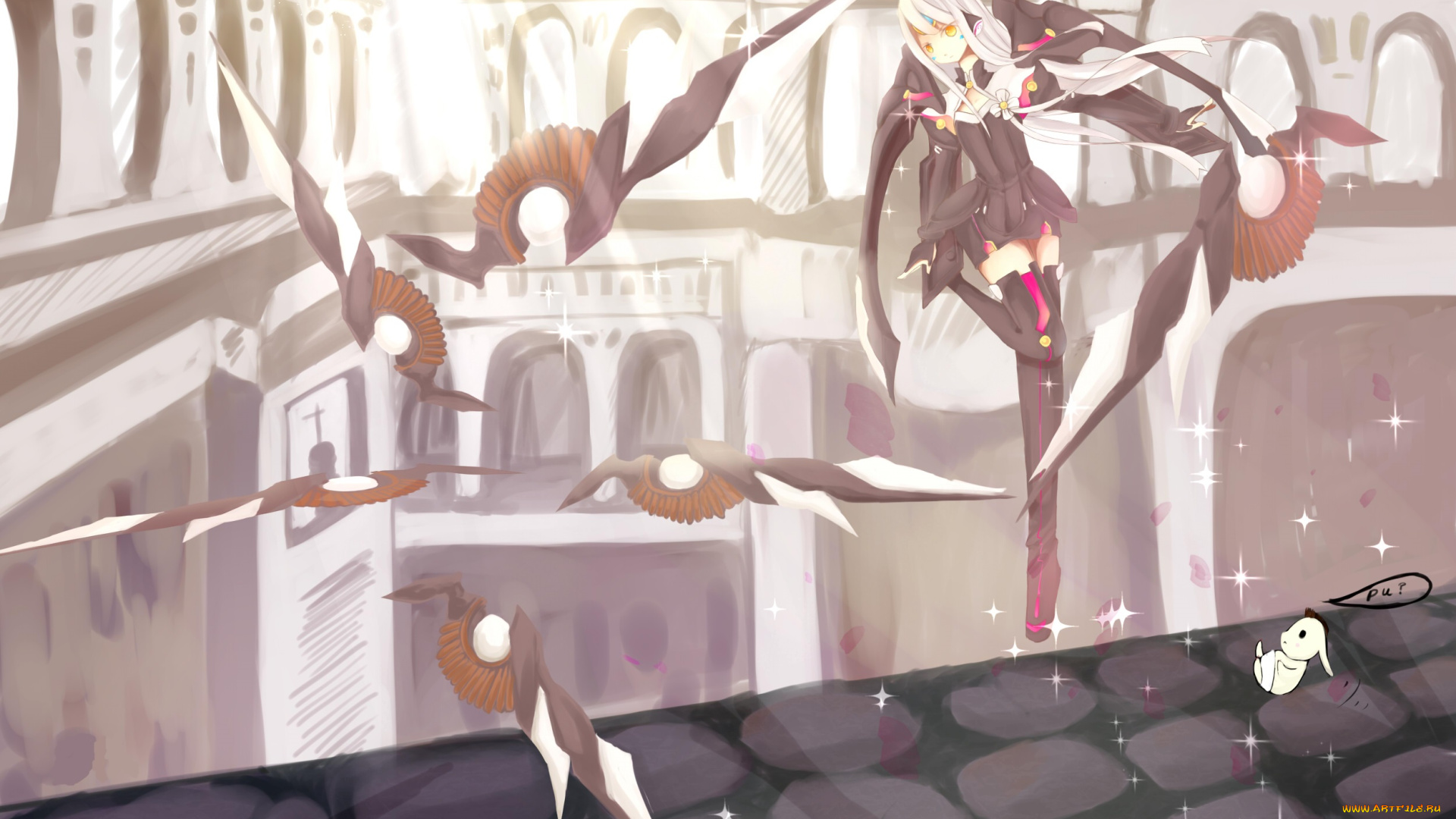 аниме, -weapon, , blood, &, technology, веер, крыша, город, девушка, малыш, арт