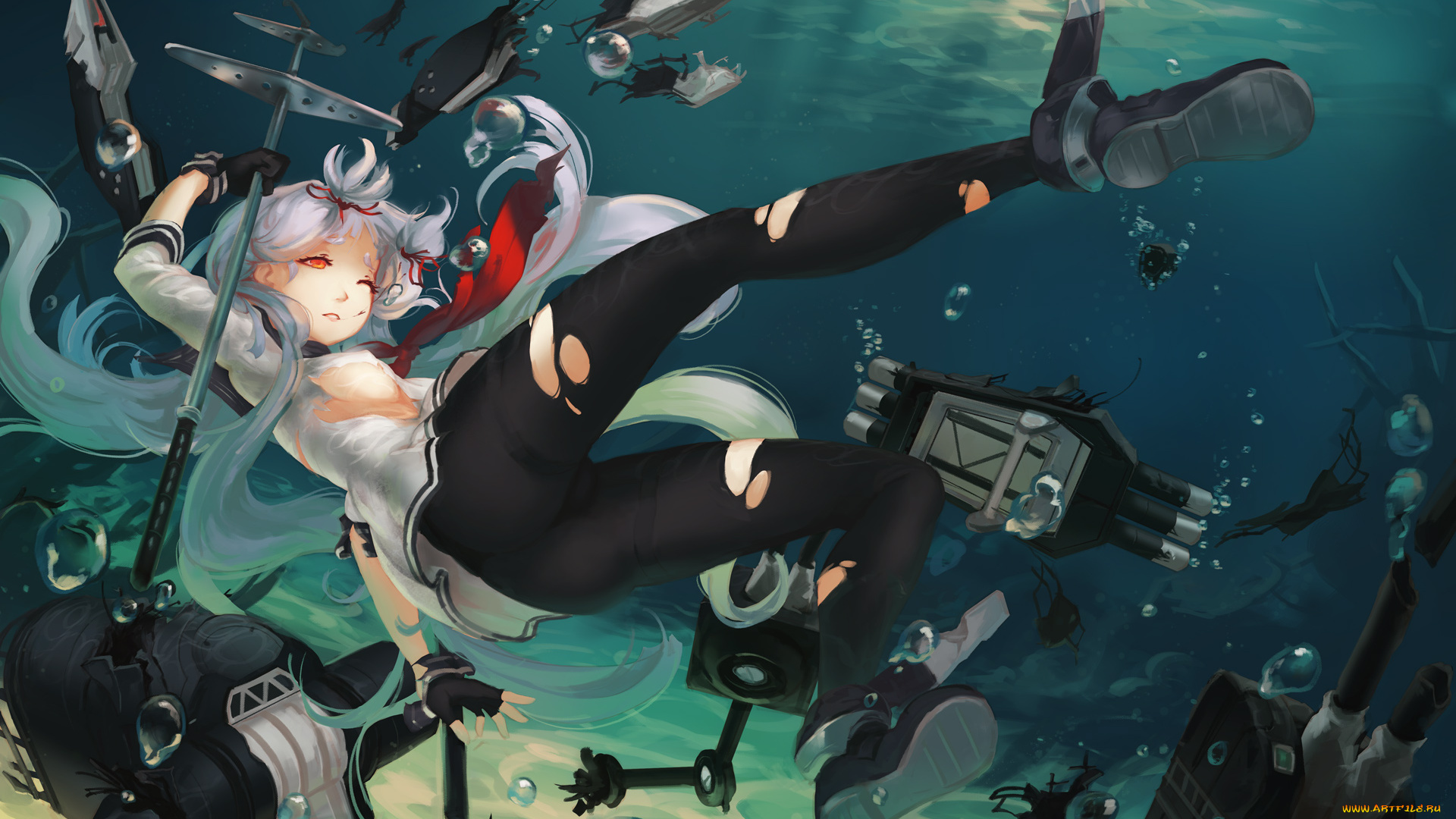 аниме, kantai, collection, арт, осколки, пузыри, девушка, металлолом, вода