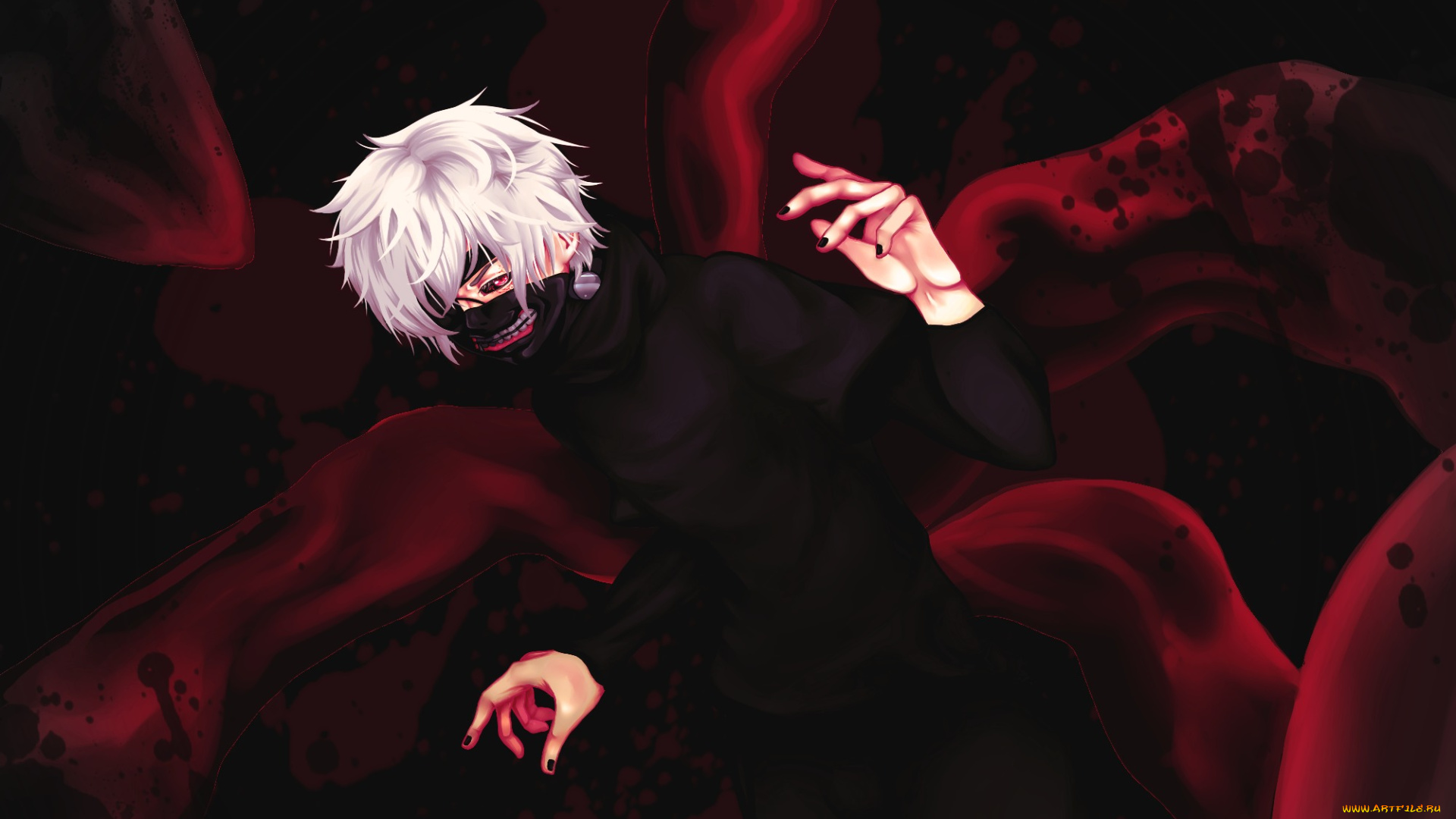 аниме, tokyo, ghoul, коготь, tokyo, ghoul, kaneki, ken, парень, kou-yuu, art, маска, жест, взгляд, кровь
