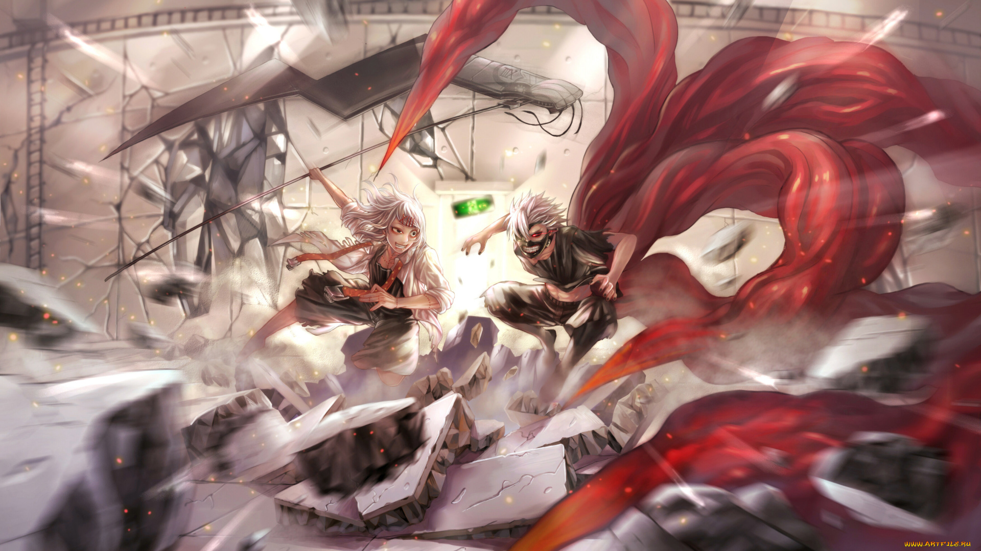 аниме, tokyo, ghoul, mk, art, злость, улыбка, kaneki, ken, suzuya, juuzou, парни, tokyo, ghoul, разрушения, маска, коса, оружие, коготь, сражение