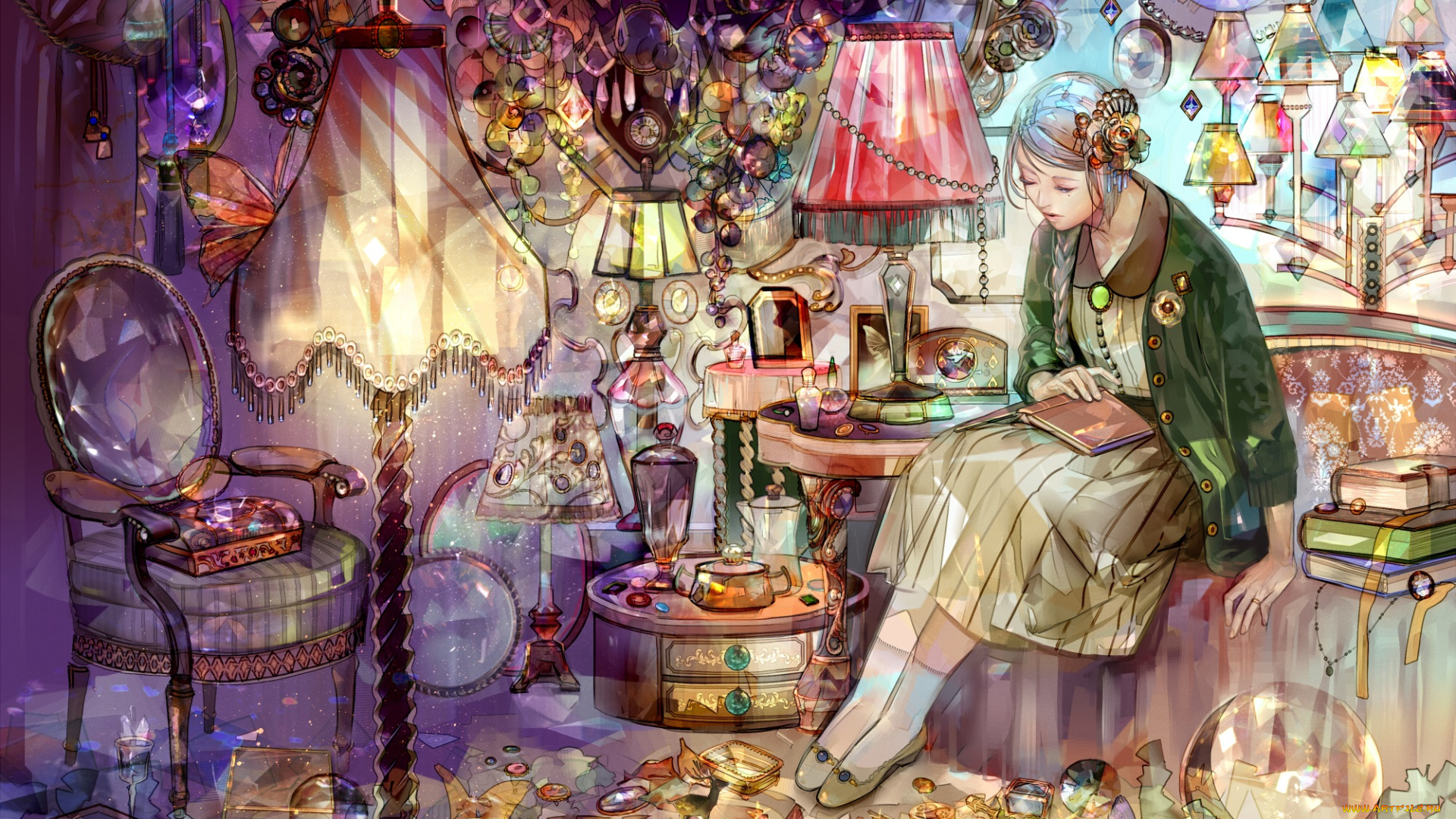 аниме, *unknown, , другое, кристаллы, украшения, женщина, арт, бра, книги, комната, светильники
