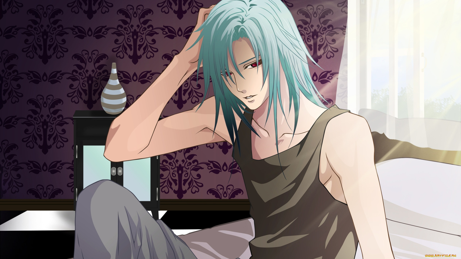 аниме, *unknown, , другое, ваза, комната, мужчина, клетчатый, пол, занавески, окно, кровать