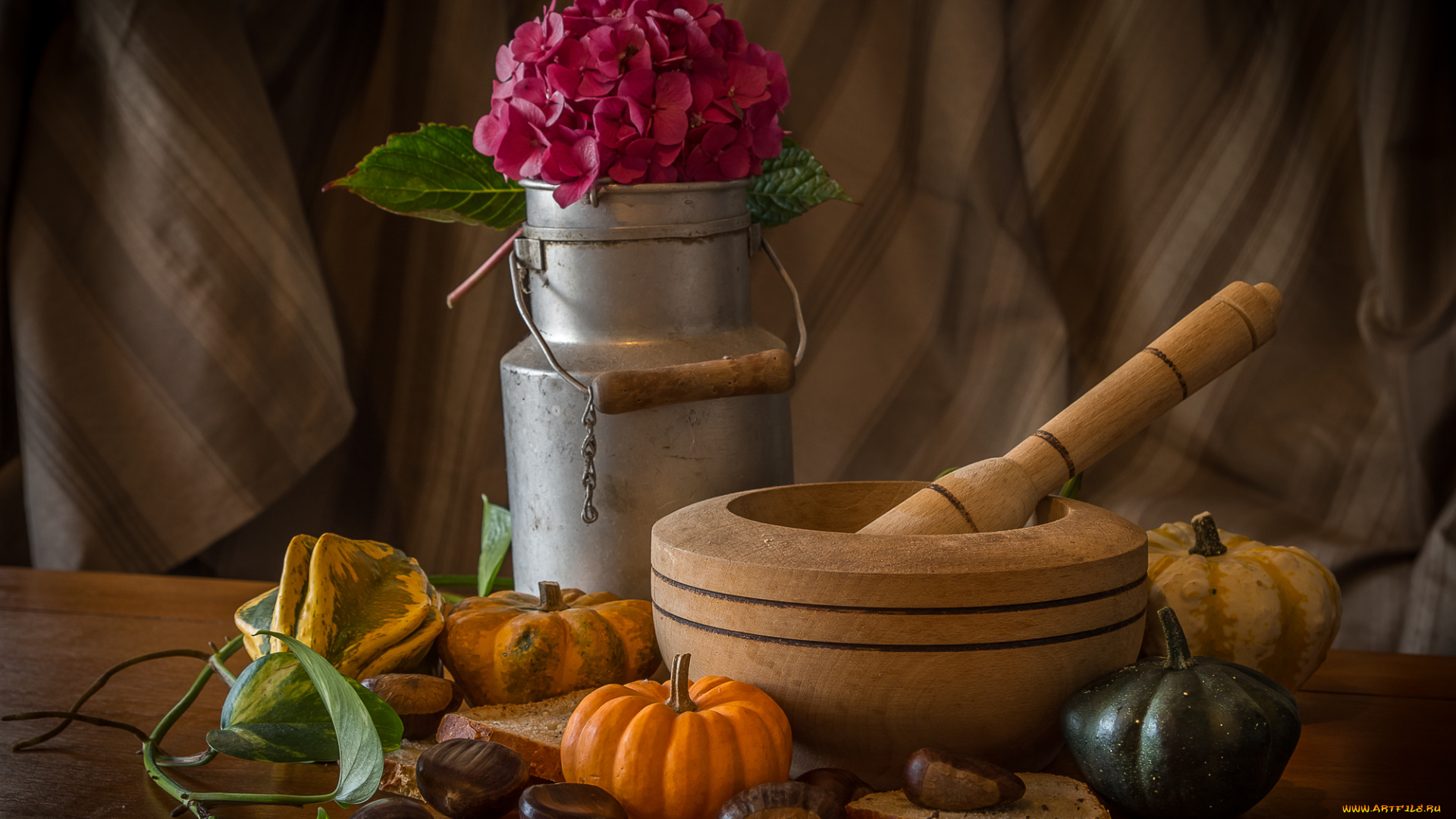 еда, тыква, натюрморт, цветы, каштаны