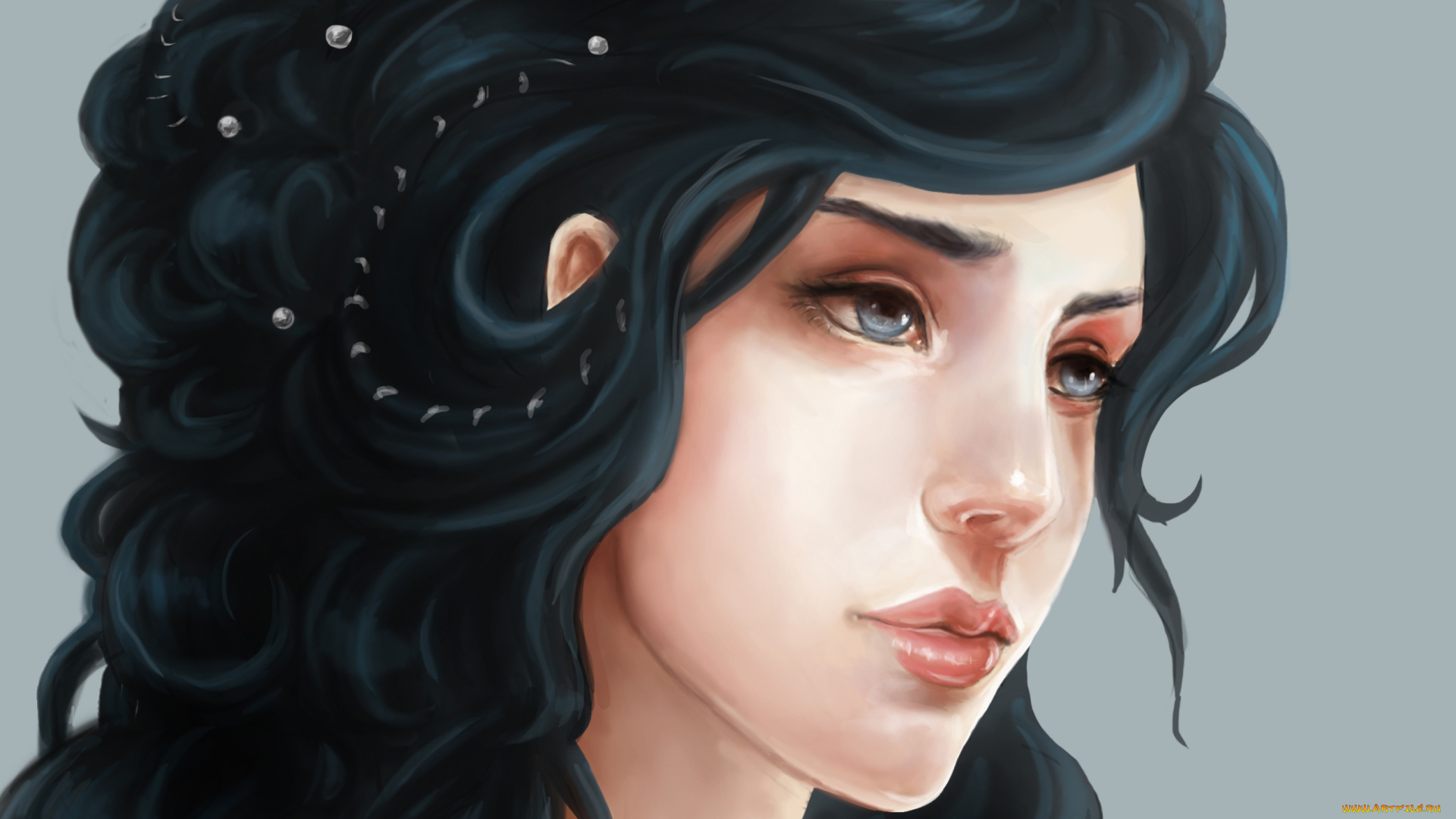 рисованные, люди, девушка, голубые, глаза, брюнетка, жемчуг