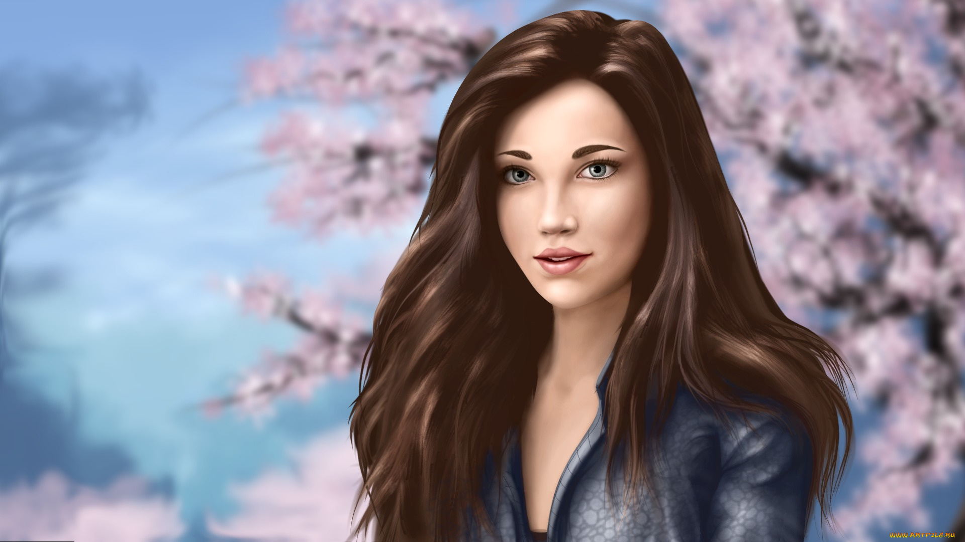 рисованные, люди, сакура, красавица, девушка, шатенка, лицо