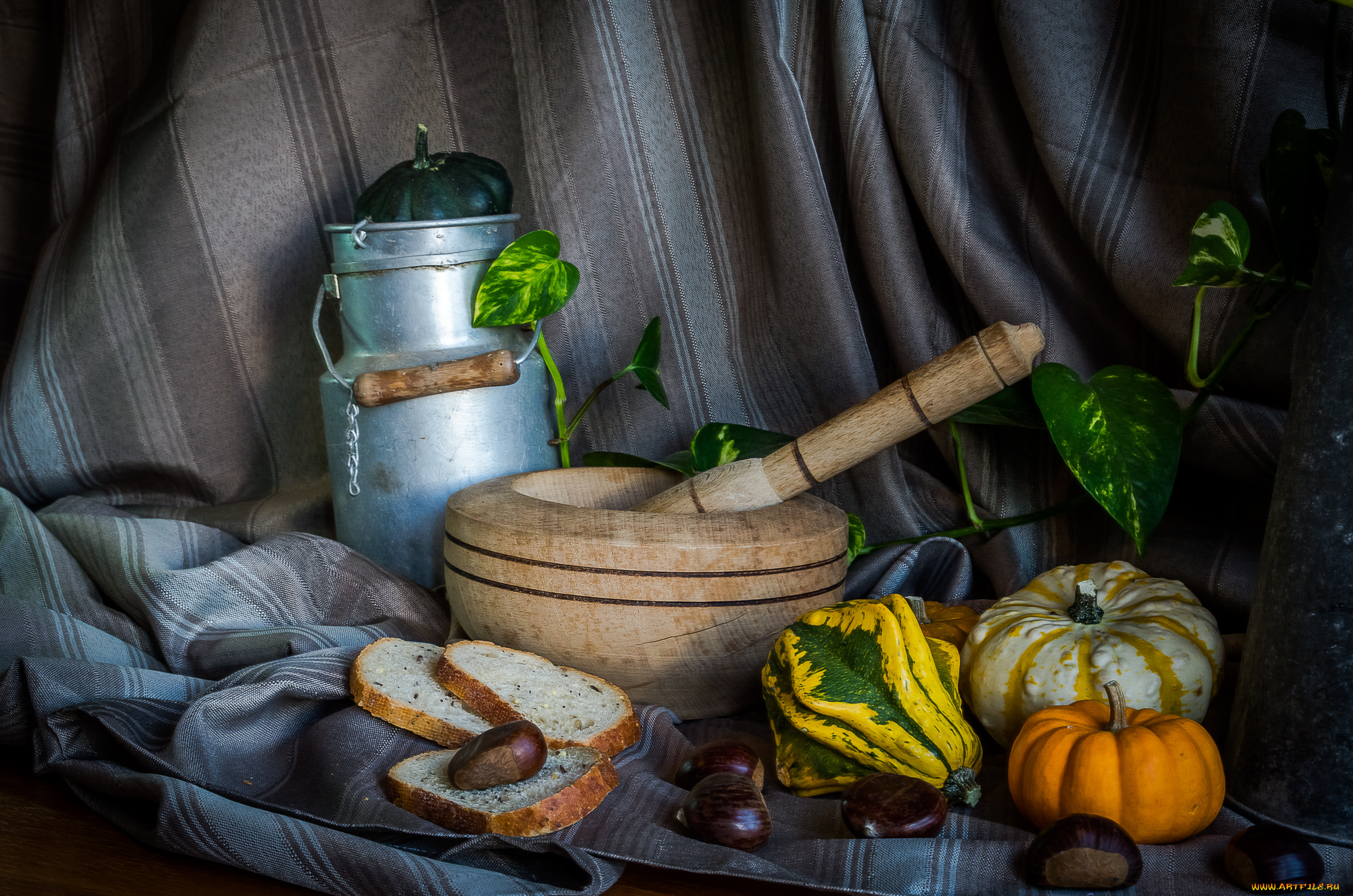 еда, натюрморт, каштаны, тыква, хлеб