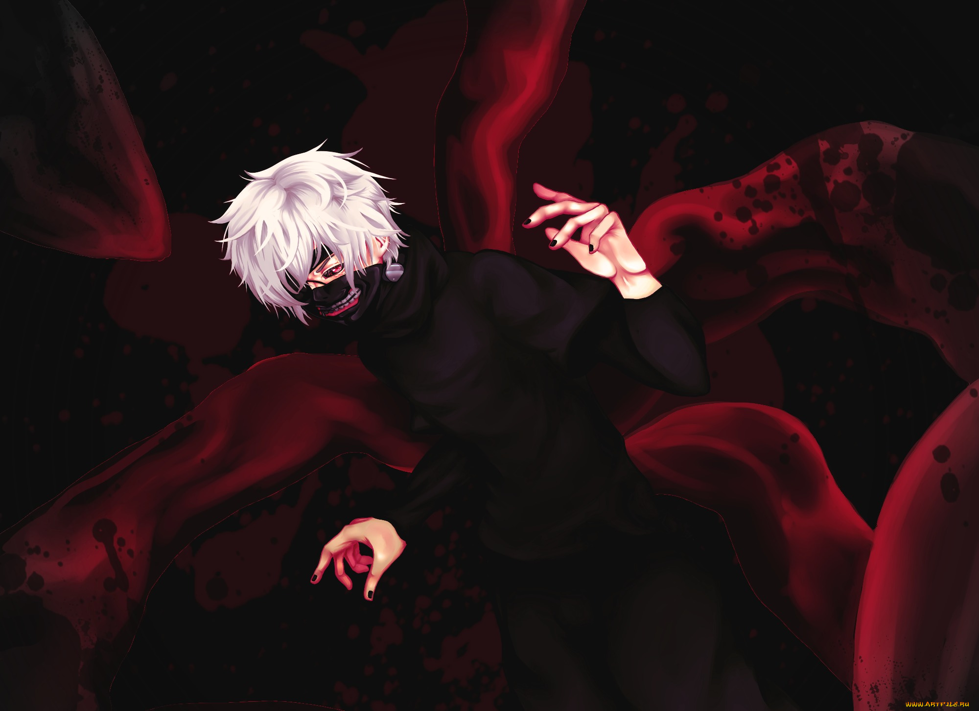 аниме, tokyo, ghoul, коготь, tokyo, ghoul, kaneki, ken, парень, kou-yuu, art, маска, жест, взгляд, кровь