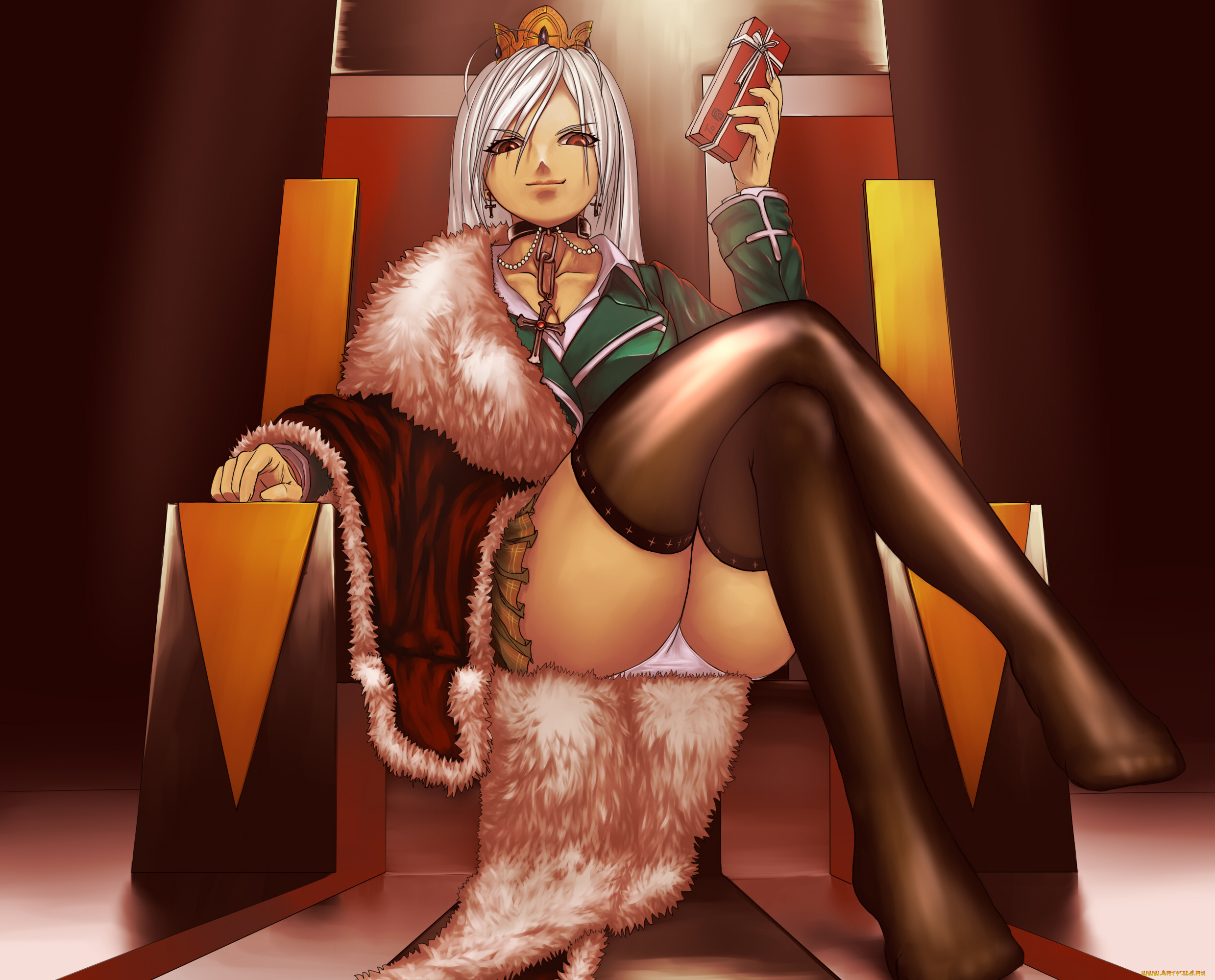 аниме, rosario, , , vampire, jiemaowanwan, крест, гольфы, плащ, белые, волосы, красные, глаза, форма, корона, подарок, девушка, трон, akashiya, moka, украшение