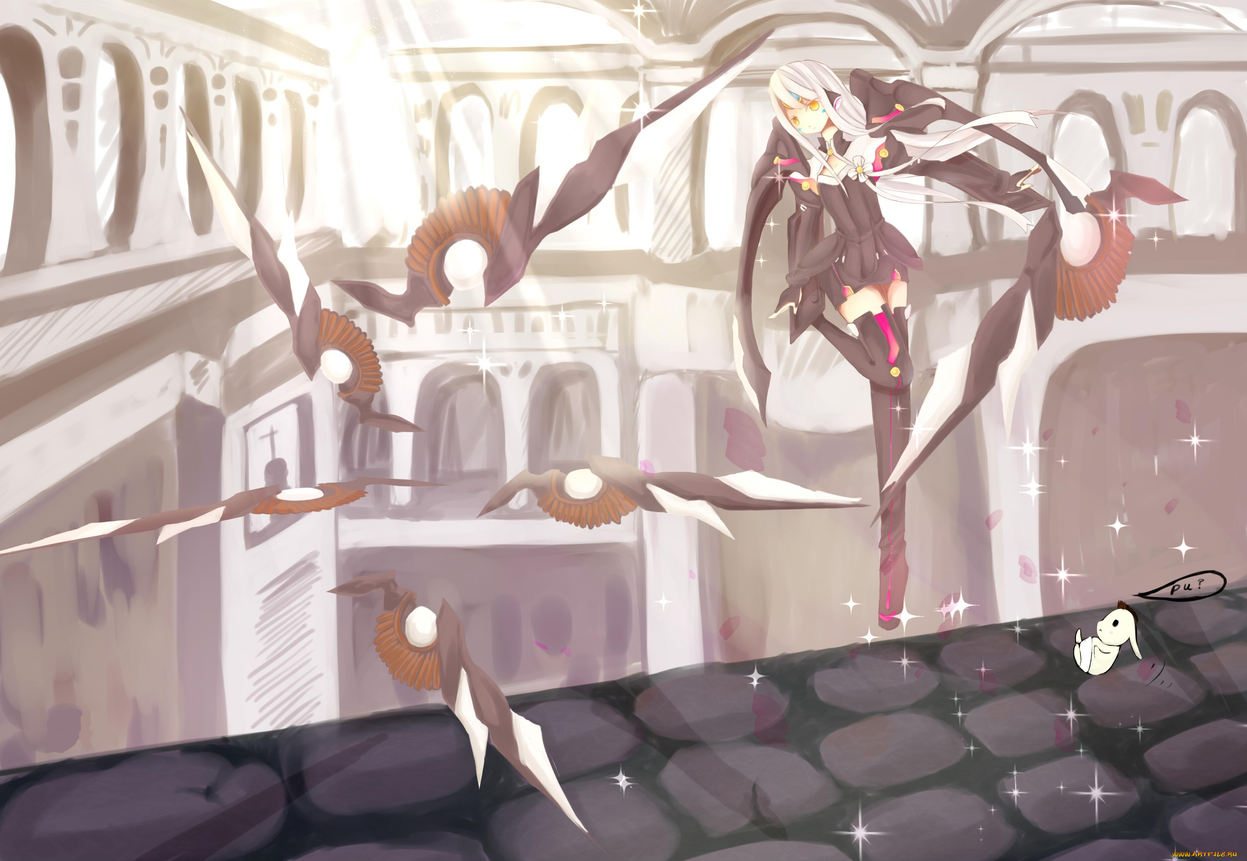 аниме, -weapon, , blood, &, technology, веер, крыша, город, девушка, малыш, арт