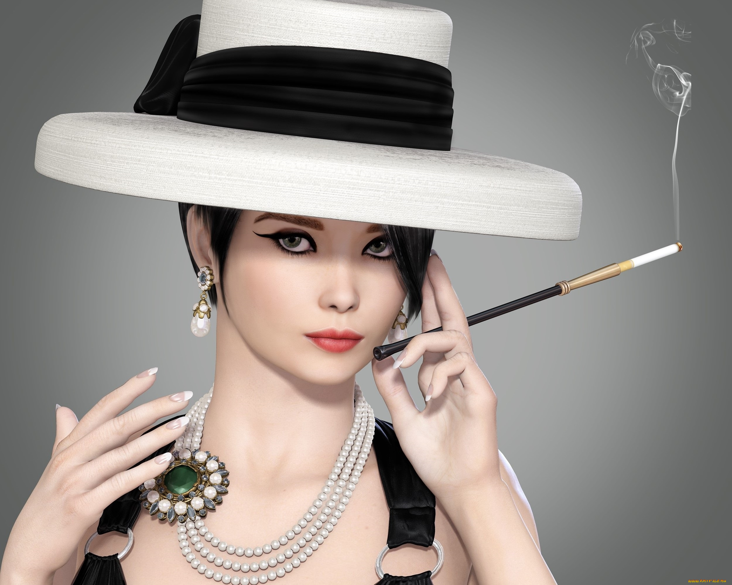 3д, графика, портрет, , portraits, сигарета, шляпа, девушка, взгляд