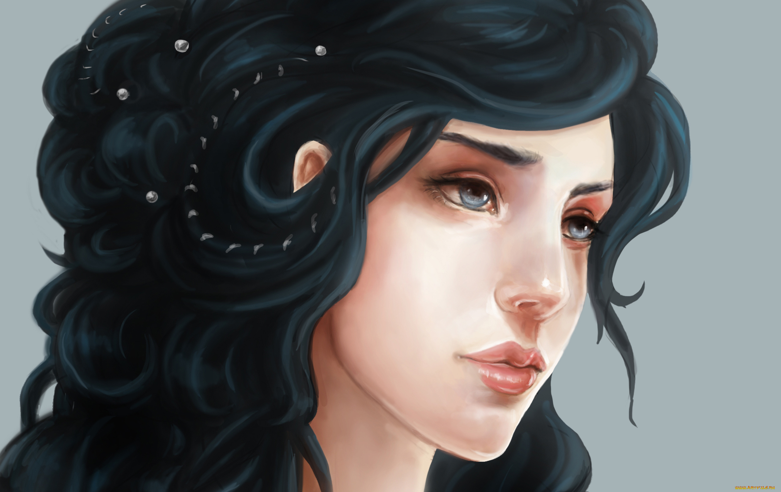 рисованные, люди, девушка, голубые, глаза, брюнетка, жемчуг