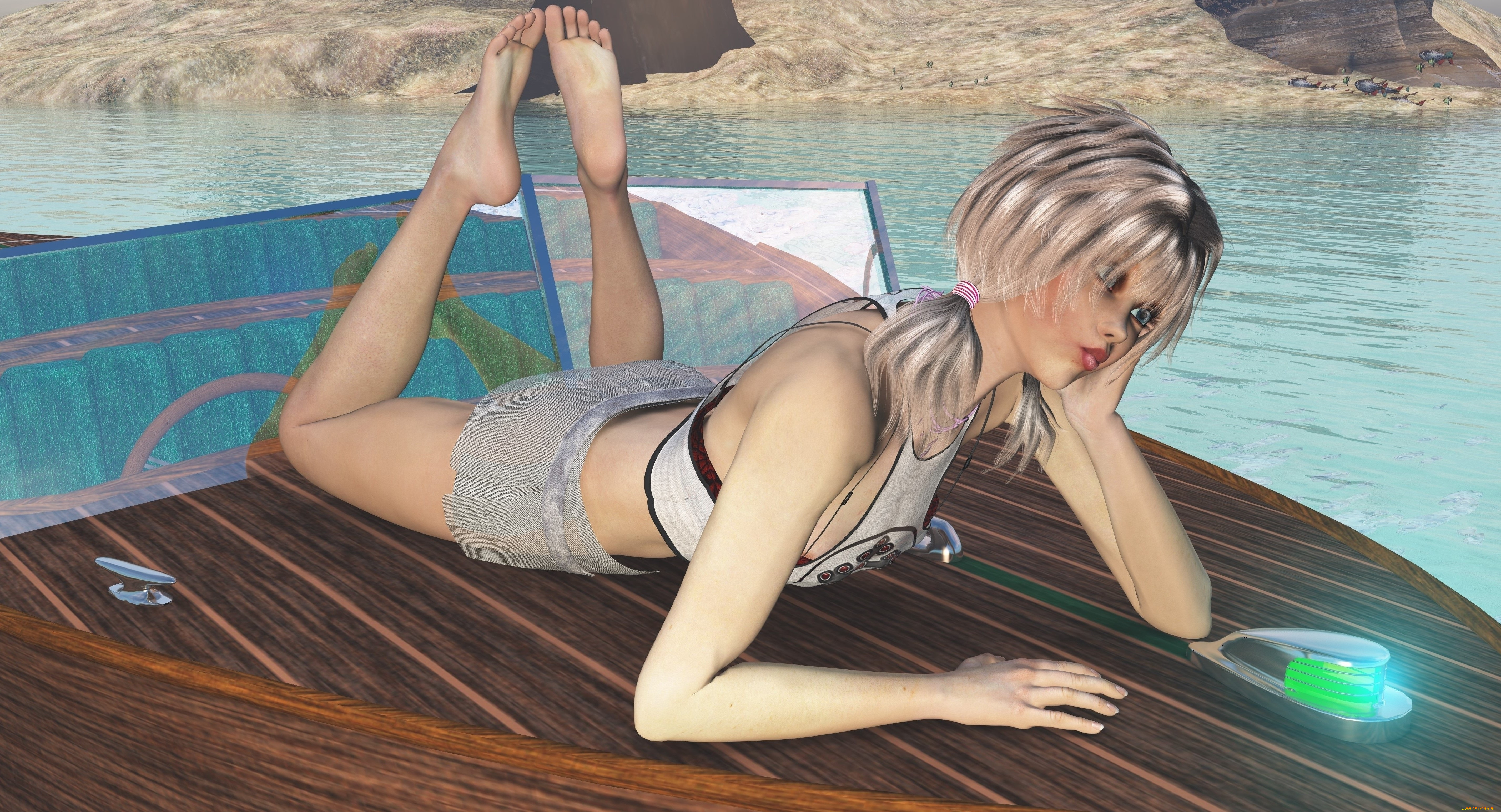 3д, графика, люди, , people, лежит, взгляд, девушка, лодка