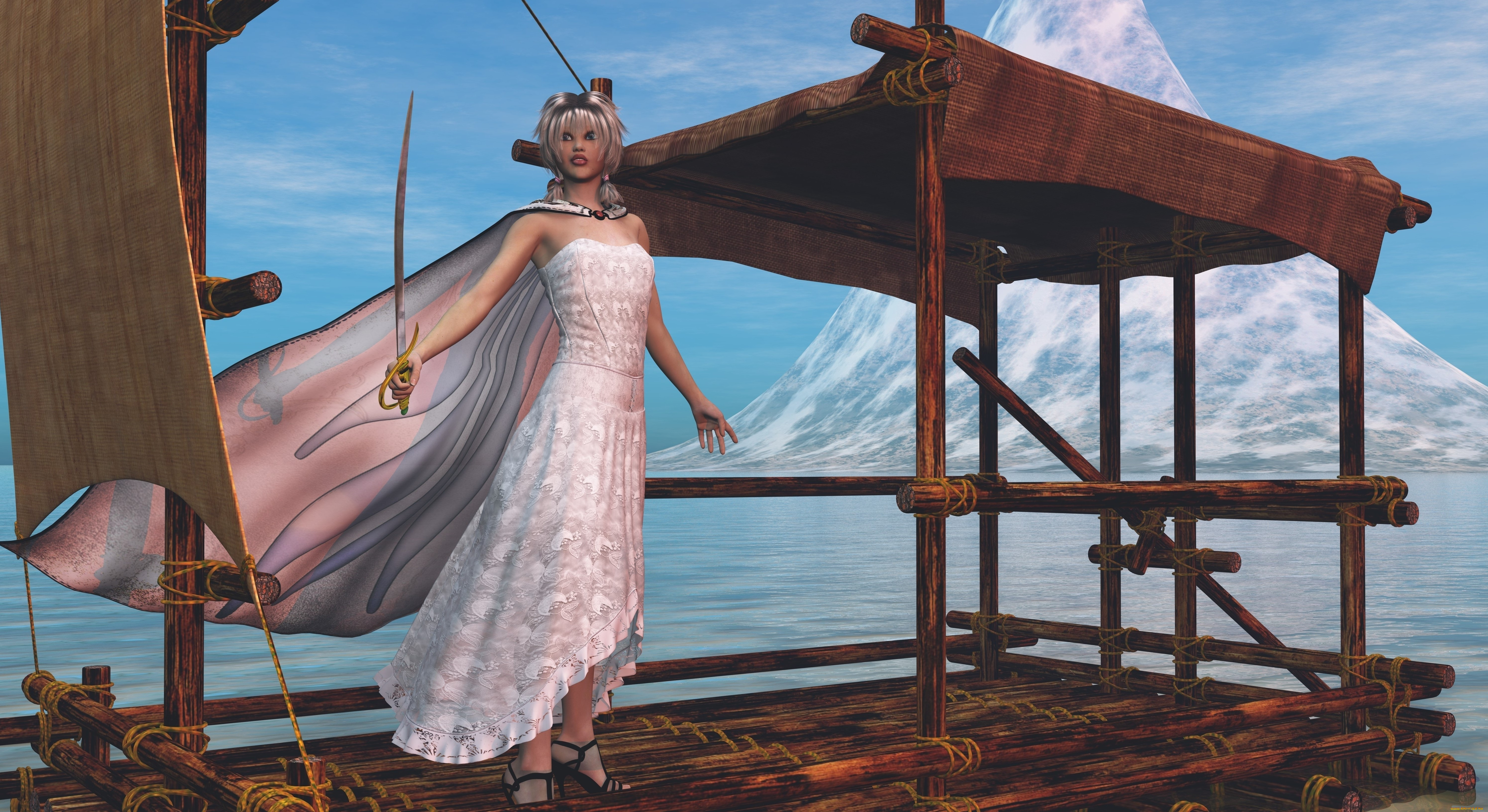 3д, графика, люди, , people, девушка, оружие, горы, накидка, плот, море, взгляд