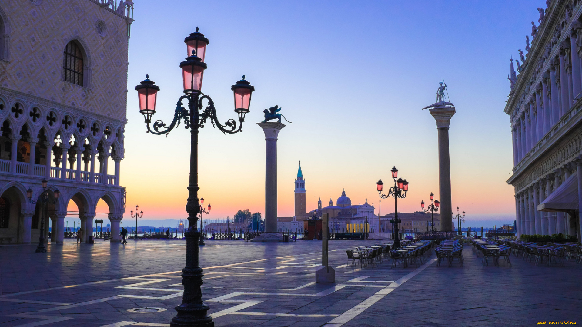 города, венеция, , италия, колонна, святого, теодора, марка, пьяцетта, утро, венеция