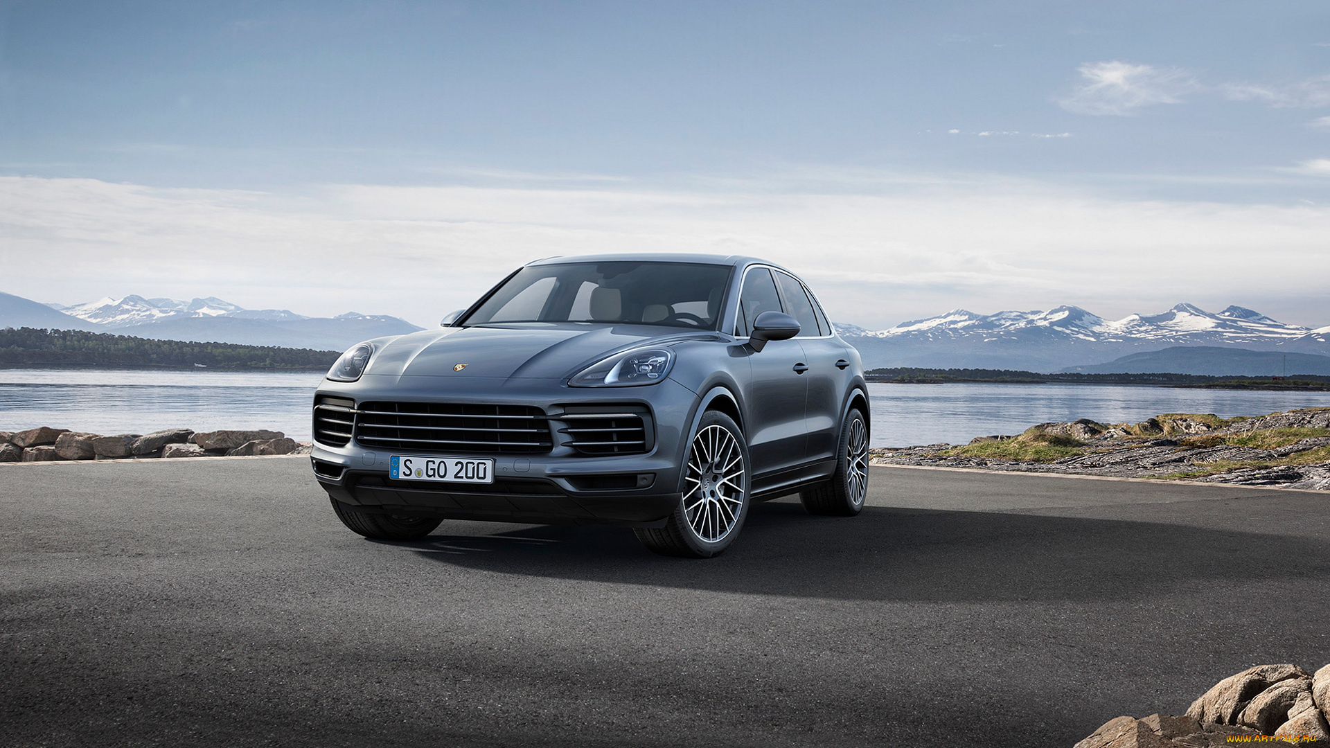 автомобили, porsche, серебро, камни, площадка, озеро, горы, порше, cayenne, s, 2018