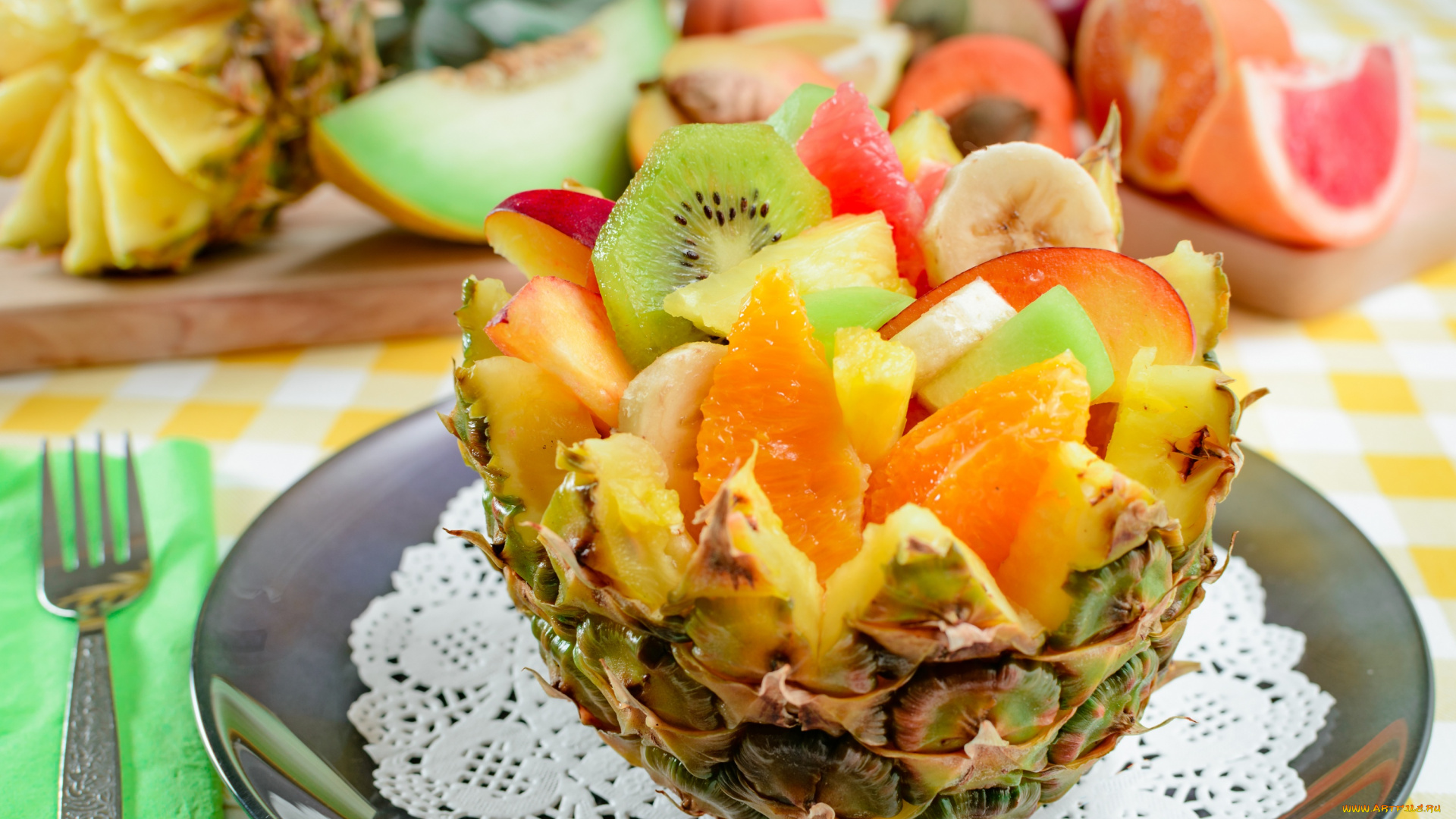 еда, мороженое, , десерты, апельсин, киви, банан, ананас, фруктовый, салат, десерт, яблоко