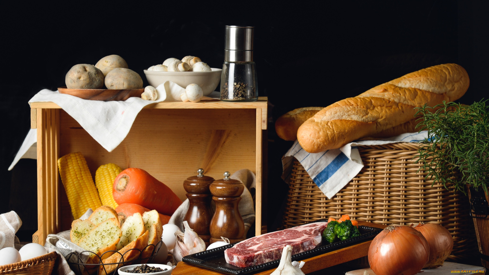 еда, натюрморт, кукуруза, хлеб, зелень, специи, мясо, морковь, лук