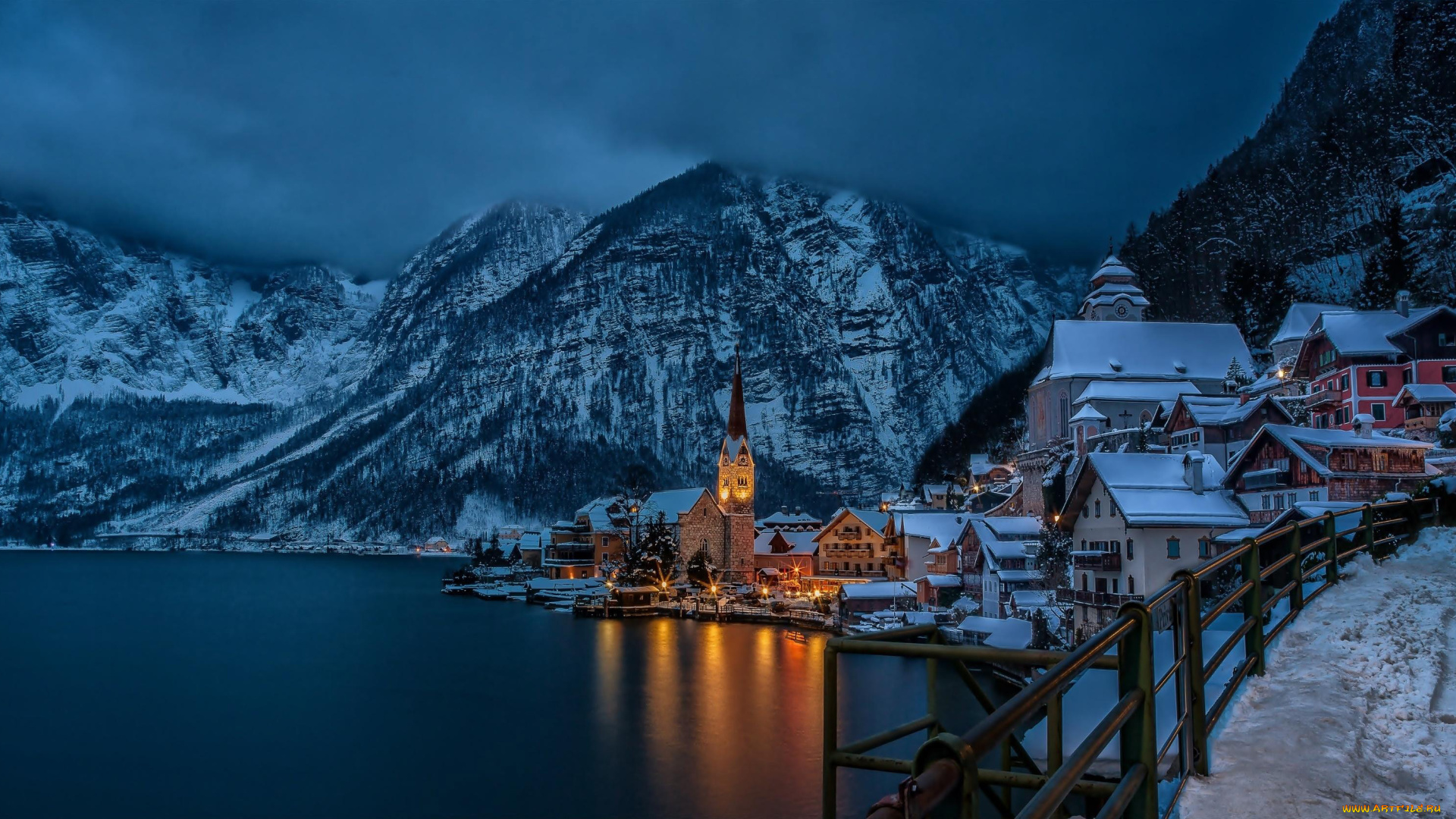города, гальштат, , австрия, снег, зима, горы, озеро