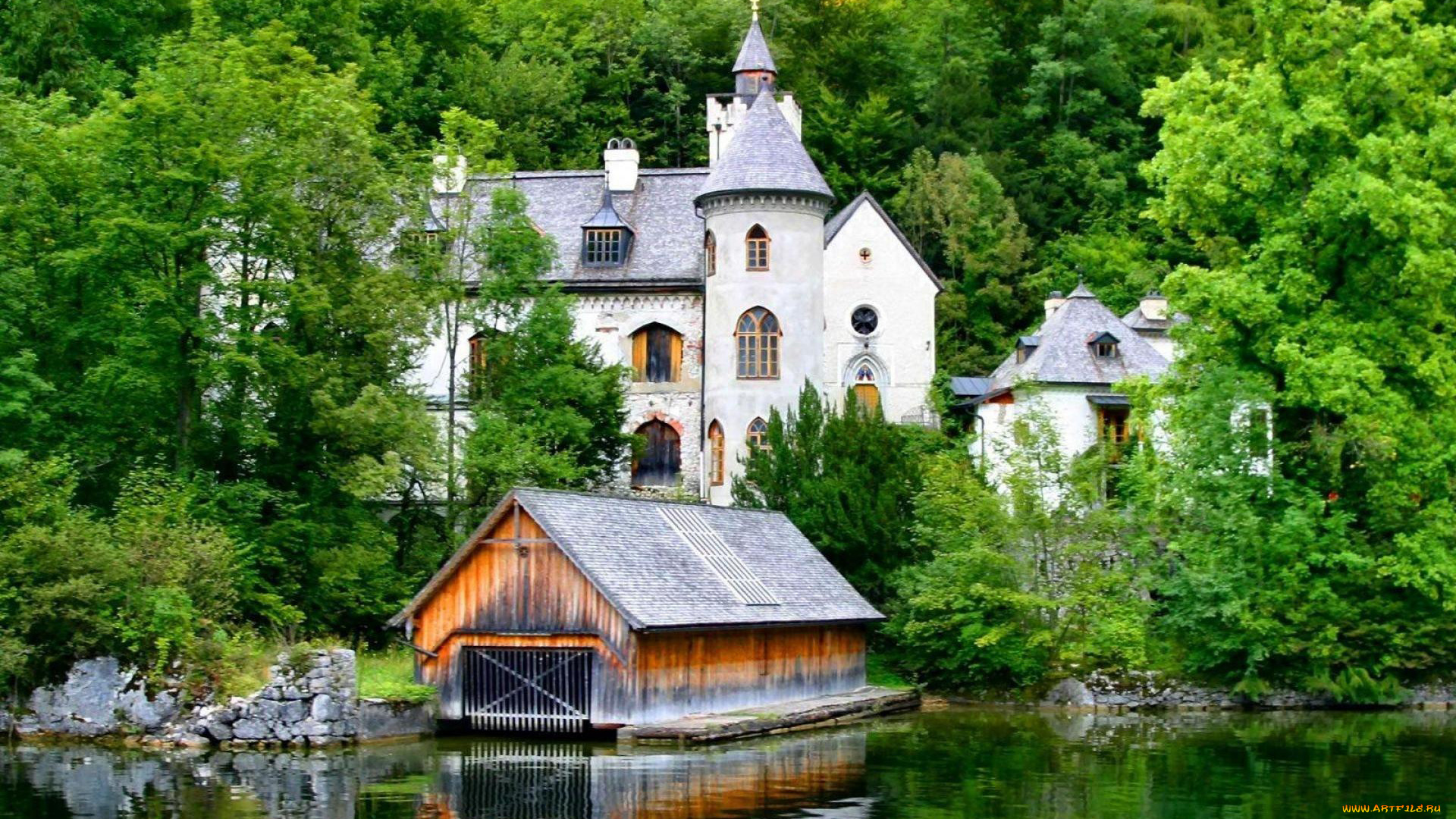 города, гальштат, , австрия, здания, деревья, озеро