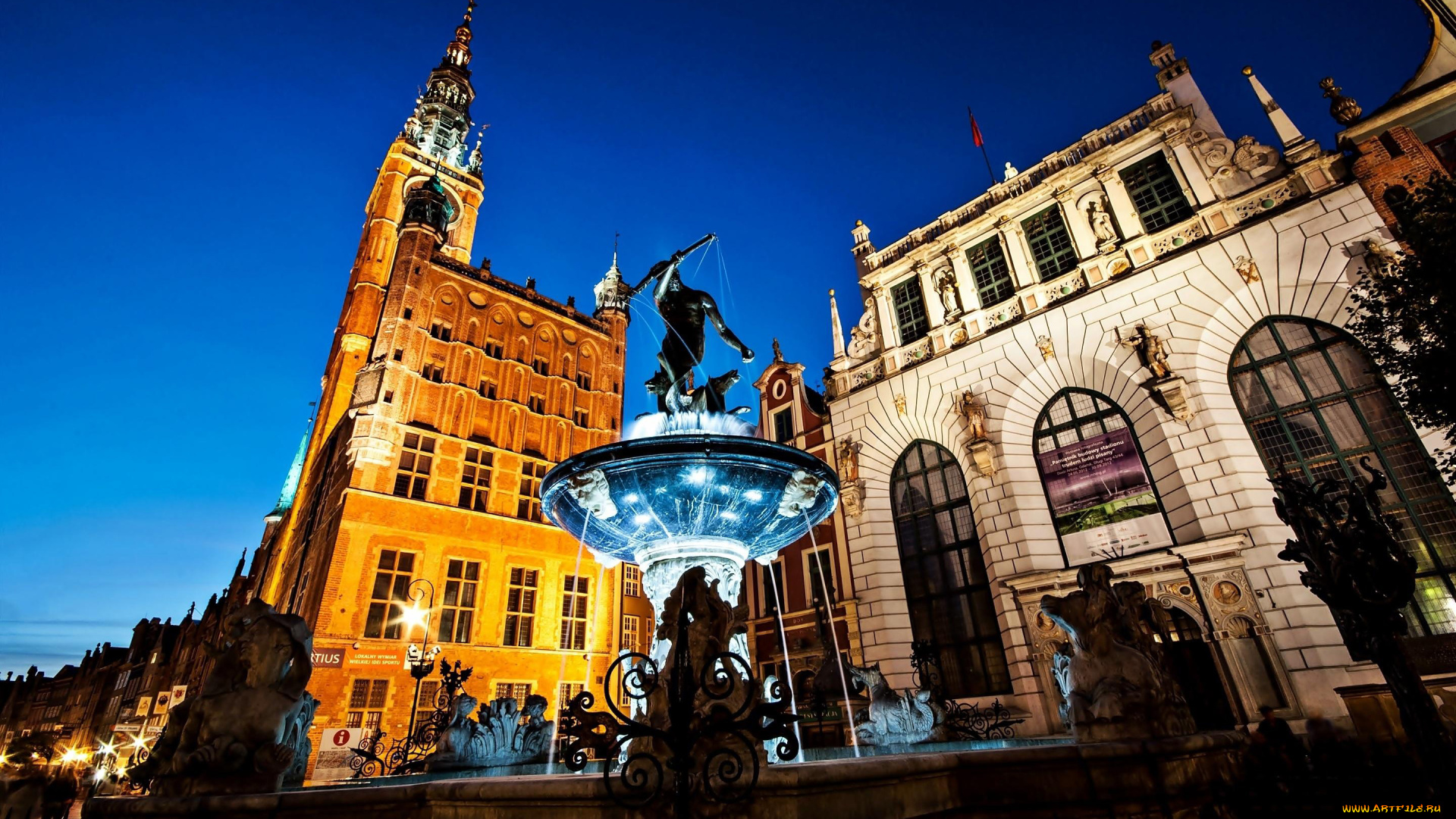 города, гданьск, , польша, огни, фонтан, вечер