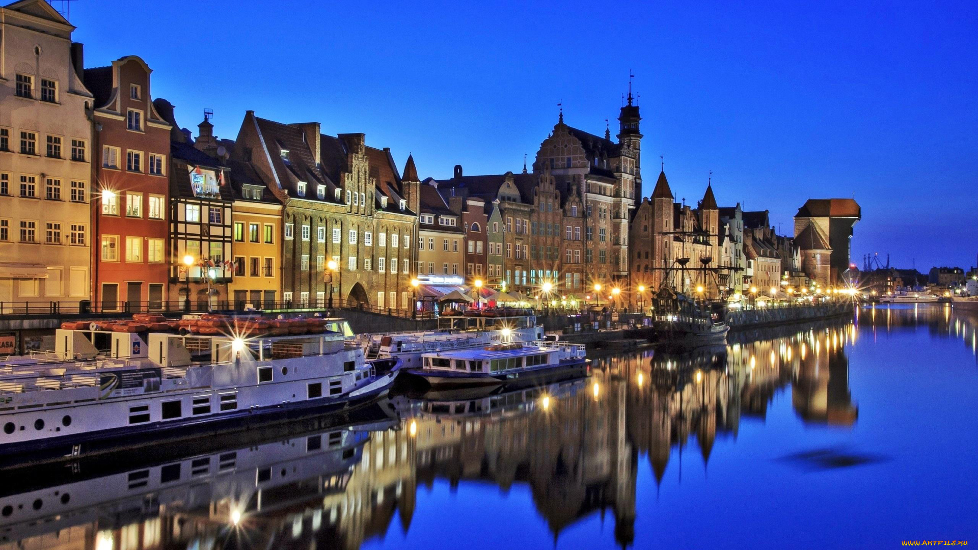 города, гданьск, , польша, огни, вечер, корабли, здания, река