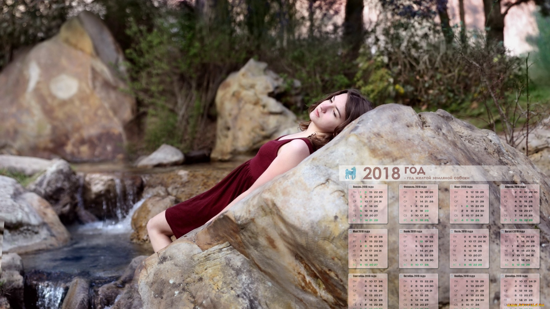 календари, девушки, камни, растения, водоем