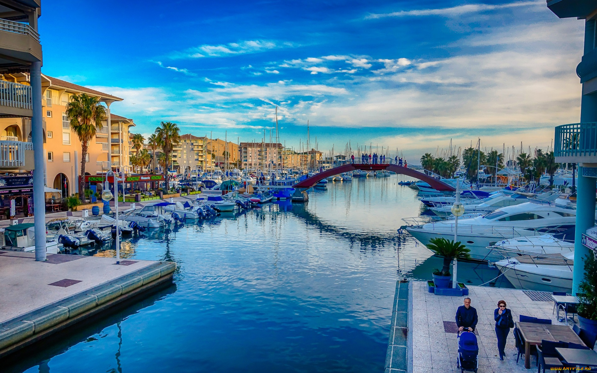 корабли, порты, , , причалы, франция, фрежюс, лодка, мост, яхта, утро, прованс-альпы-лазурный, берег, рассвет, канал, дома