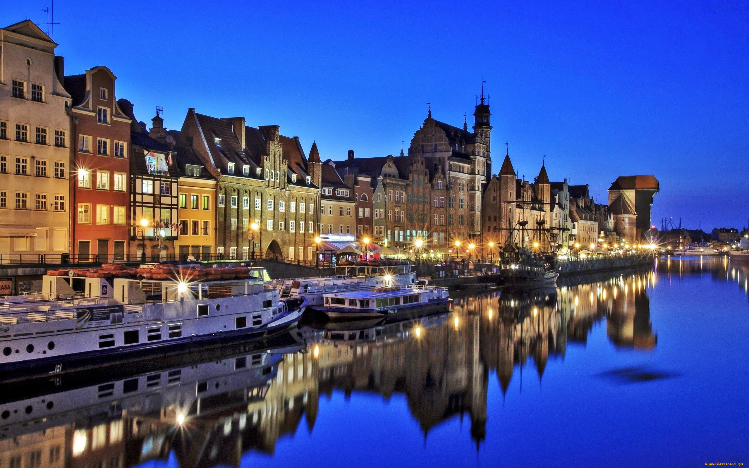 города, гданьск, , польша, огни, вечер, корабли, здания, река