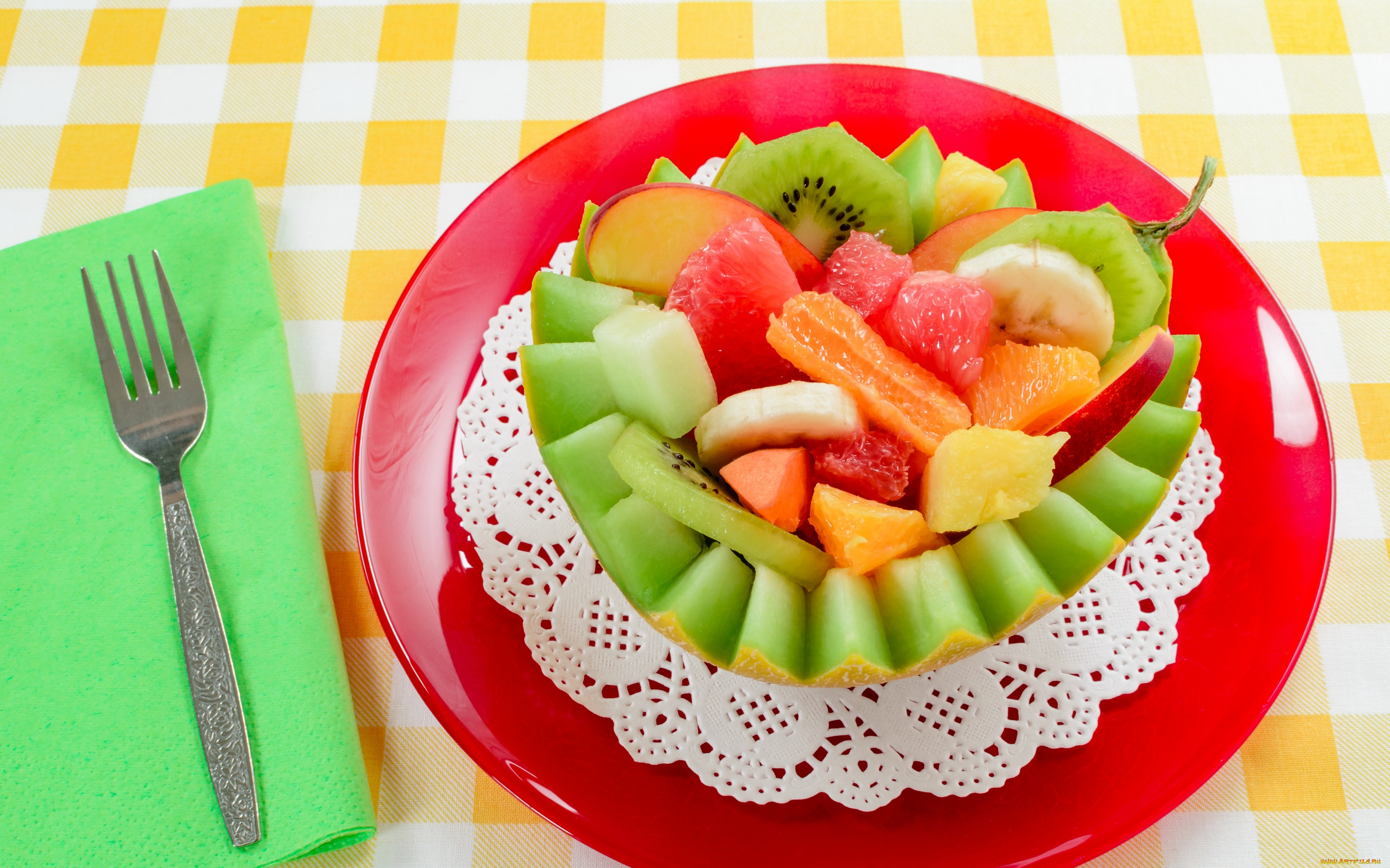 еда, мороженое, , десерты, дыня, клубника, банан, киви, фруктовый, салат