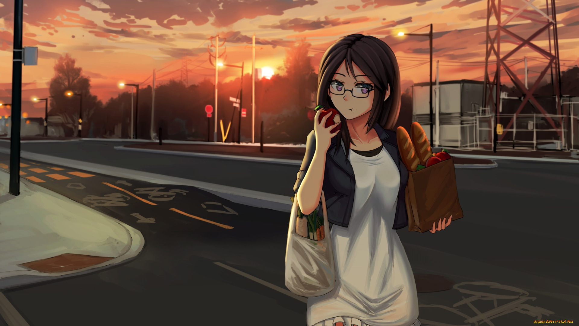 аниме, город, , улицы, , интерьер, , здания, девушка