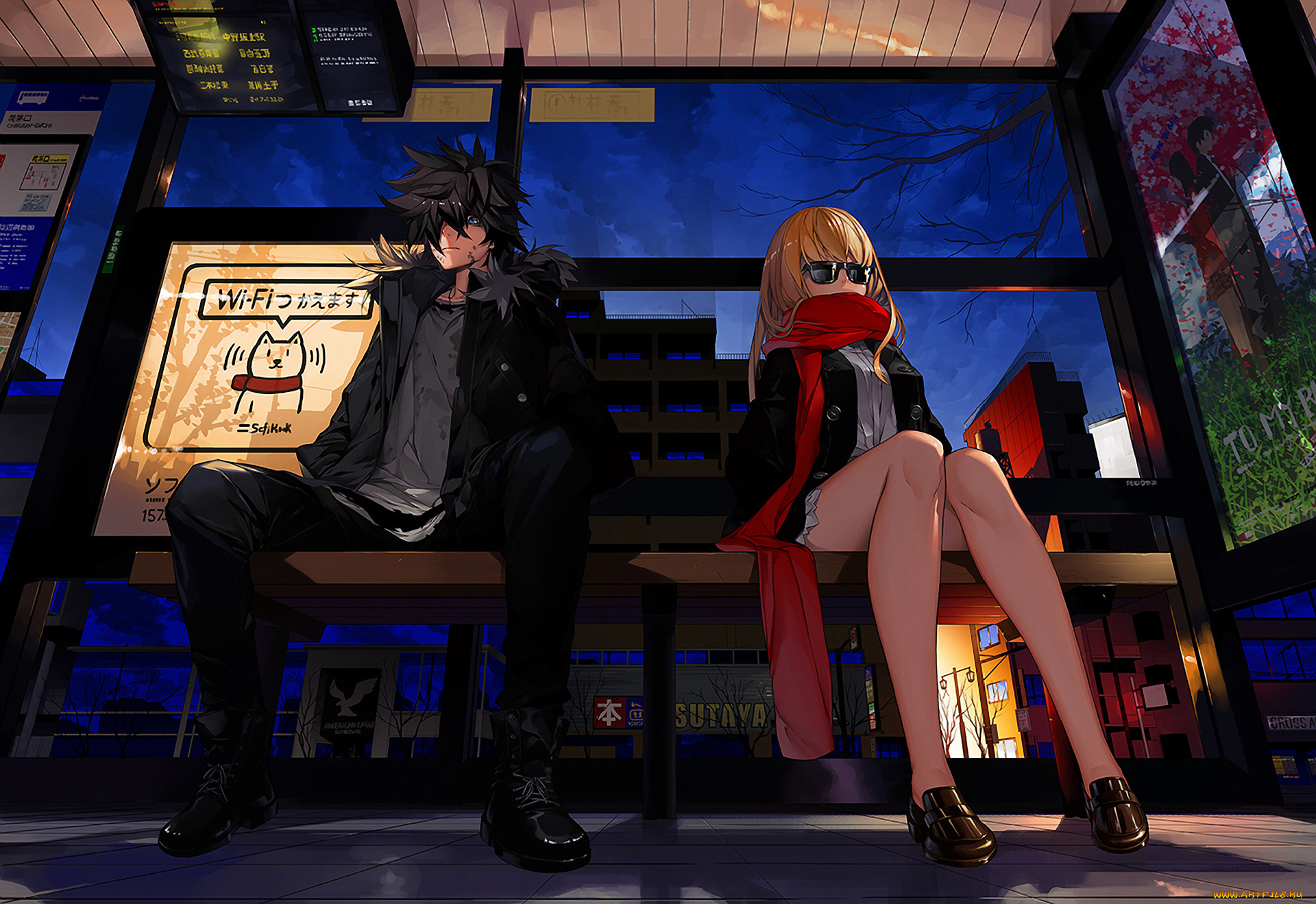 аниме, город, , улицы, , интерьер, , здания, парень, девушка