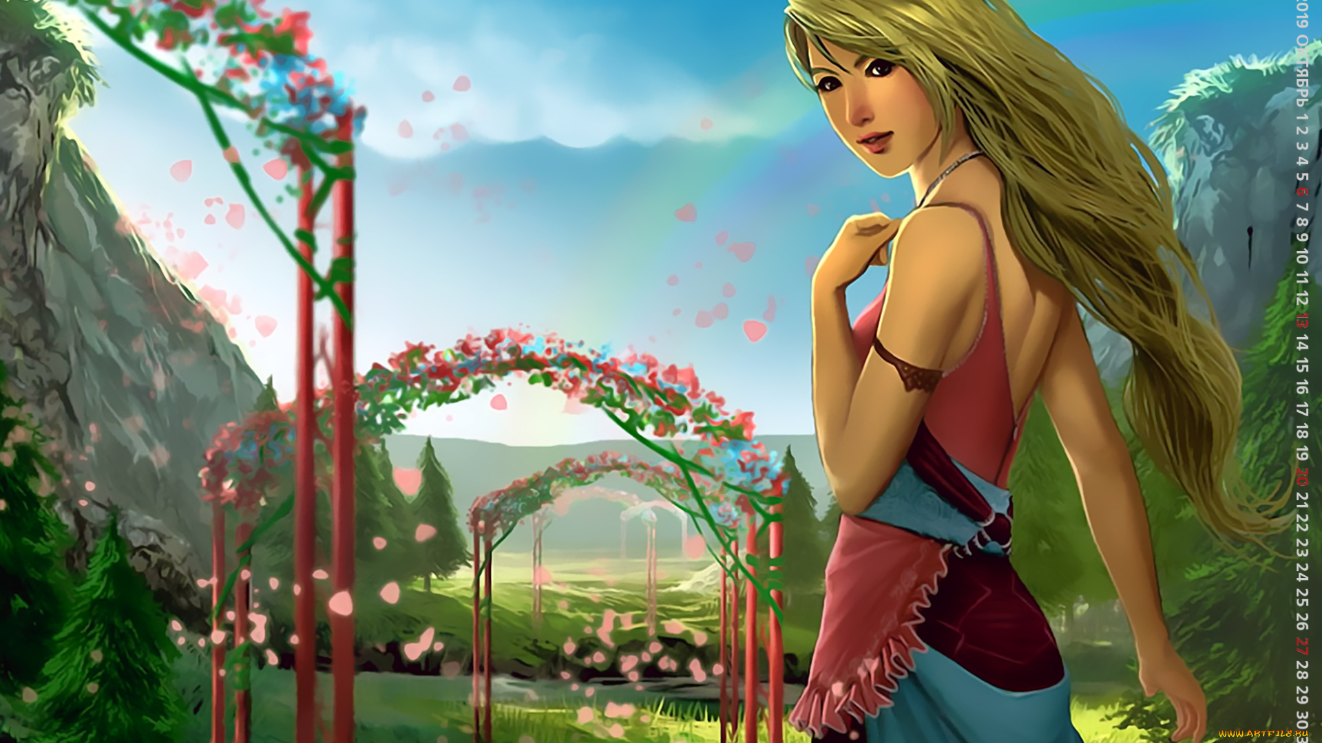 календари, фэнтези, цветы, природа, взгляд, девушка, растение, 2019, calendar