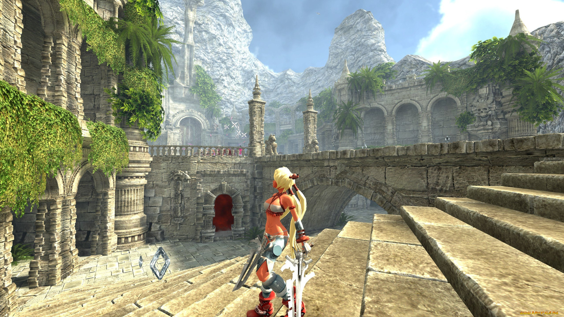 видео, игры, x-blades, девушка, оружие, ступени, дворец, горы