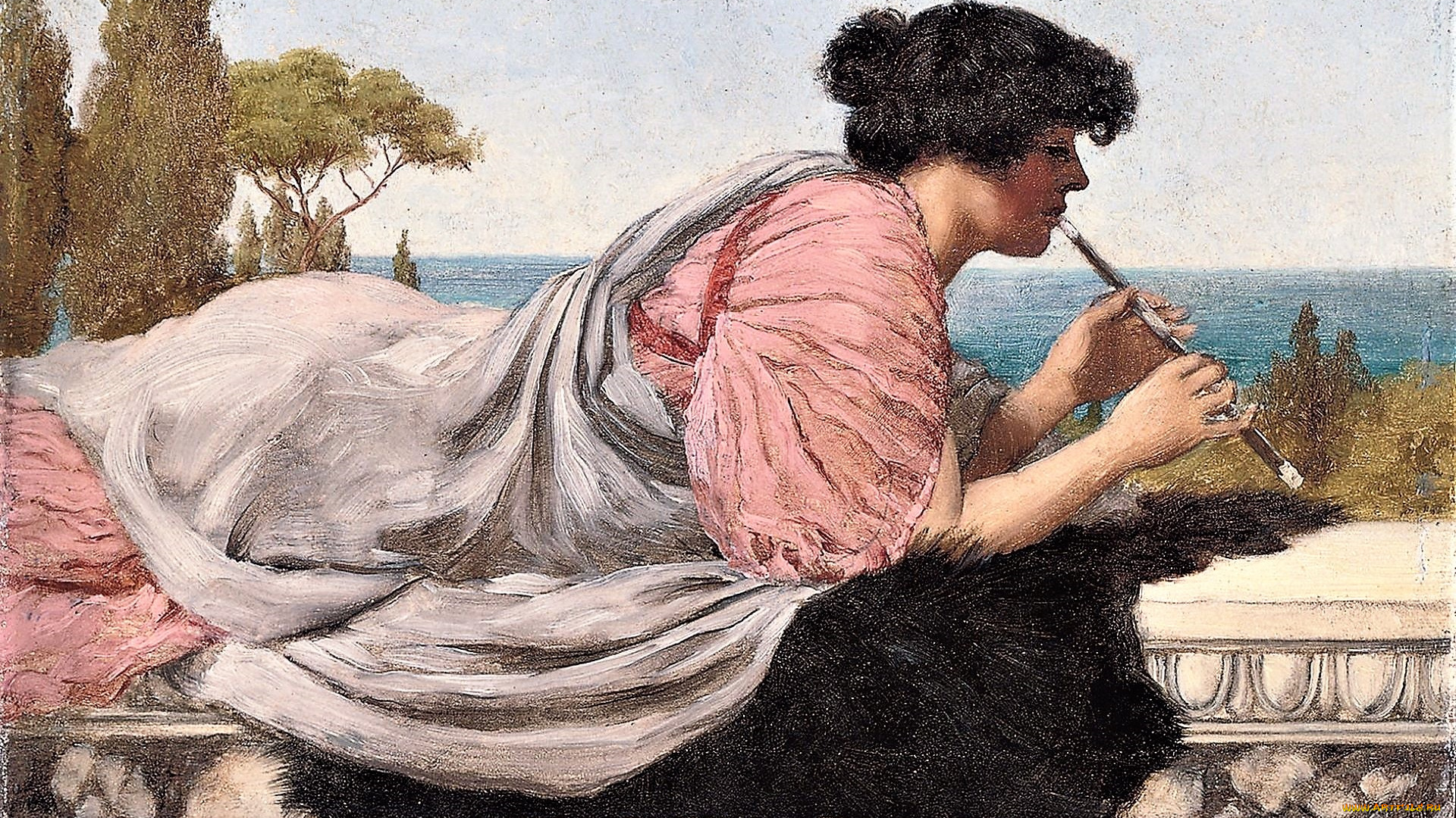 рисованное, lawrence, alma-tadema, женщина, свирель