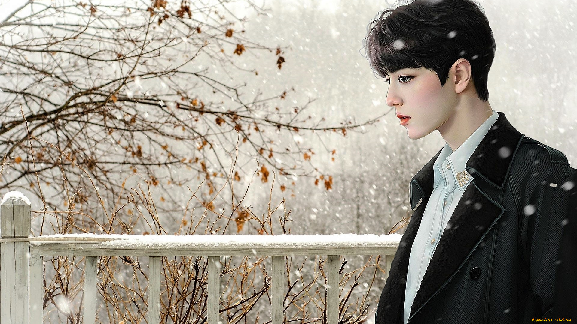 рисованное, люди, сяо, джань, пальто, снег