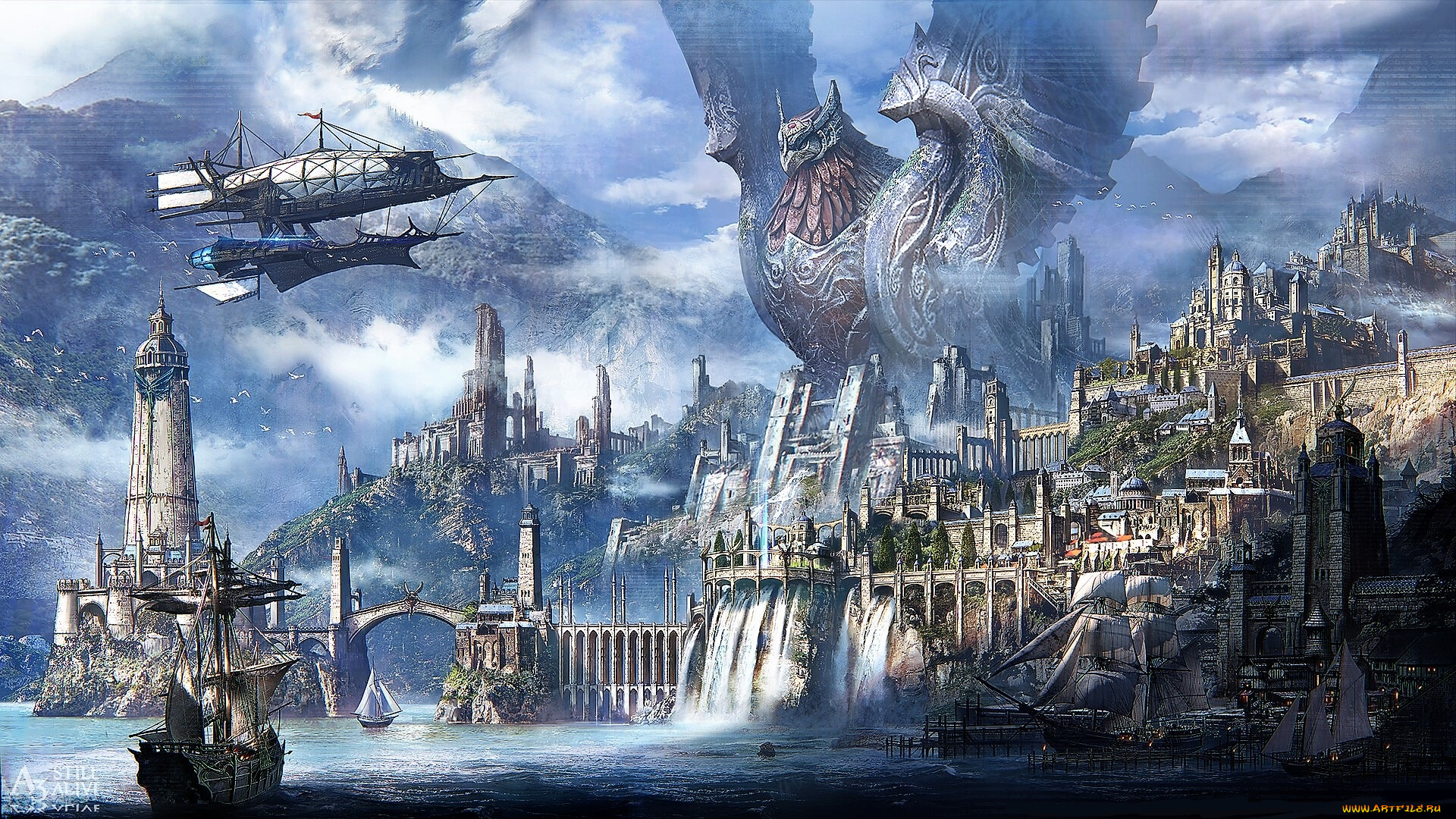 видео, игры, a3, , still, alive, дирижабль, статуя, горы, корабли, город