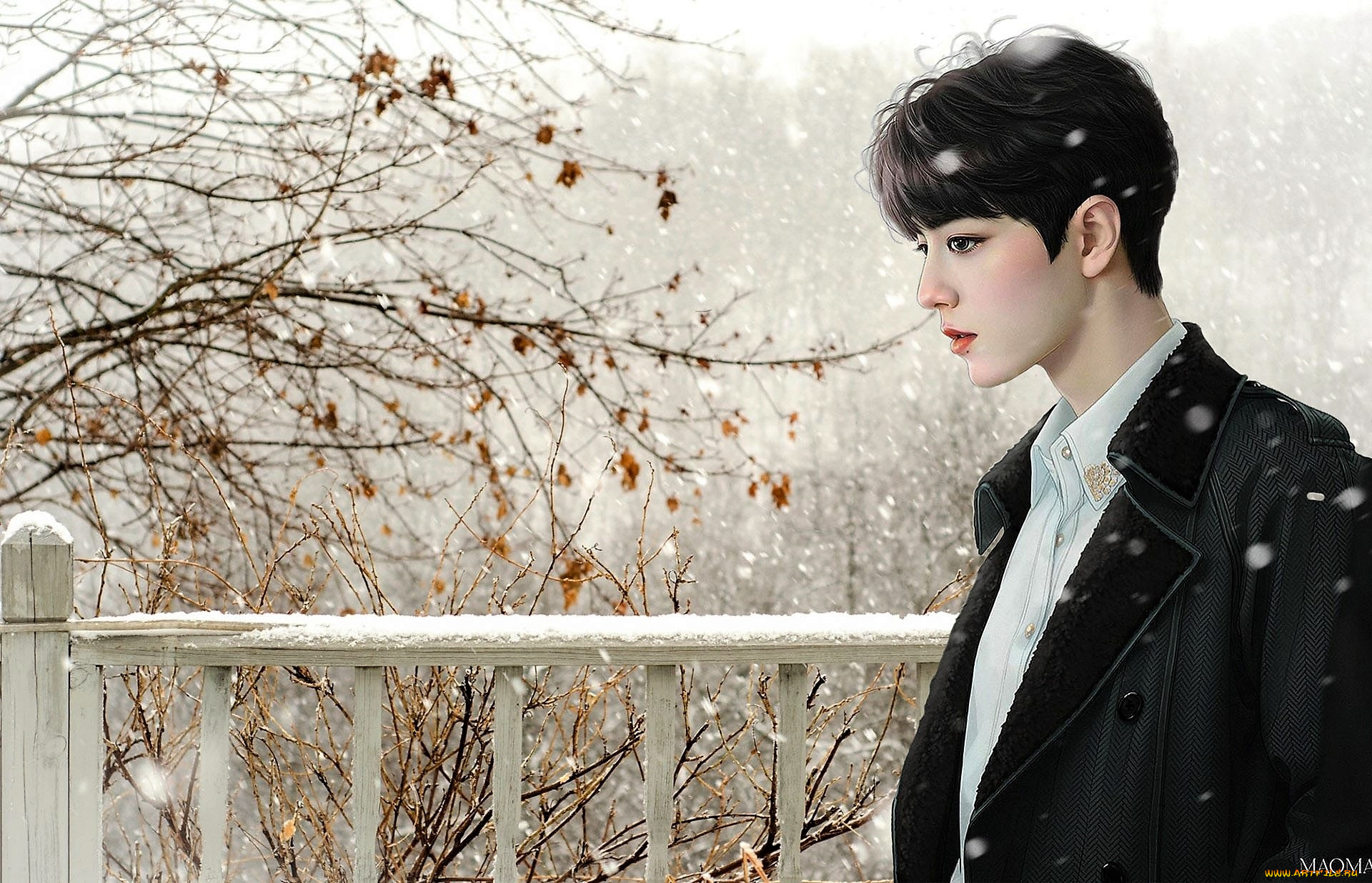 рисованное, люди, сяо, джань, пальто, снег