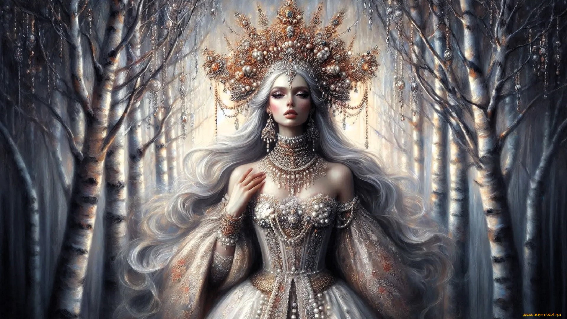 3д, графика, люди, , people, девушка, платье, кокошник, лес