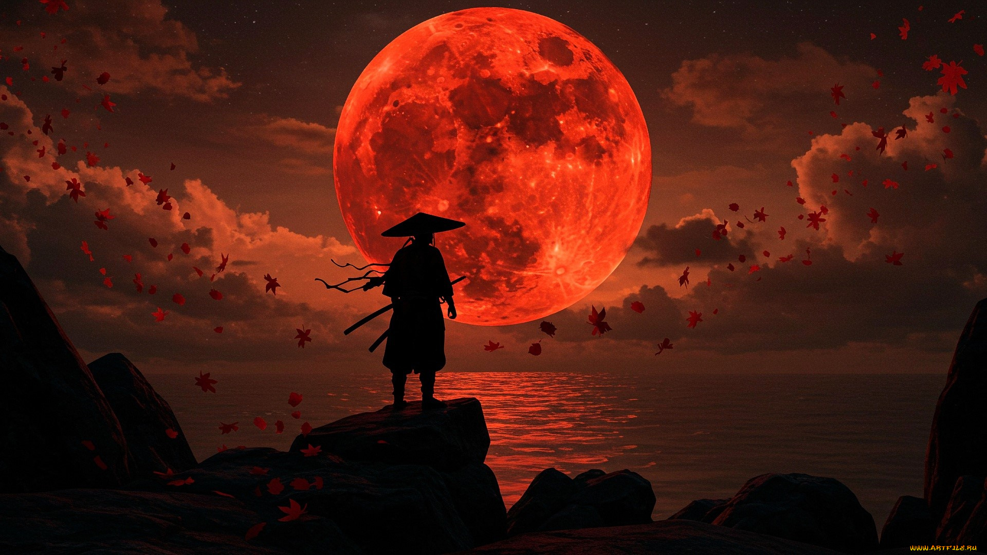 3д, графика, люди, , people, самурай, силуэт, скалы, луна, море, облака, листья