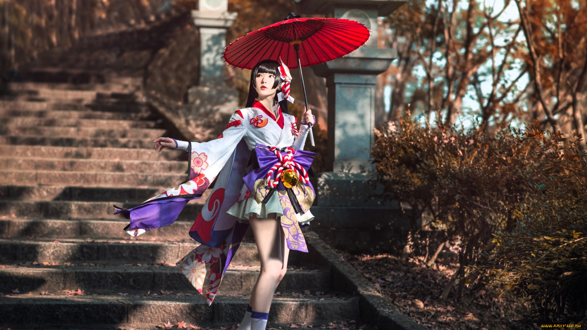 девушки, -, креатив, , косплей, азиатка, наряд, косплей, костюм, зонт, лестница, кусты, деревья, осень