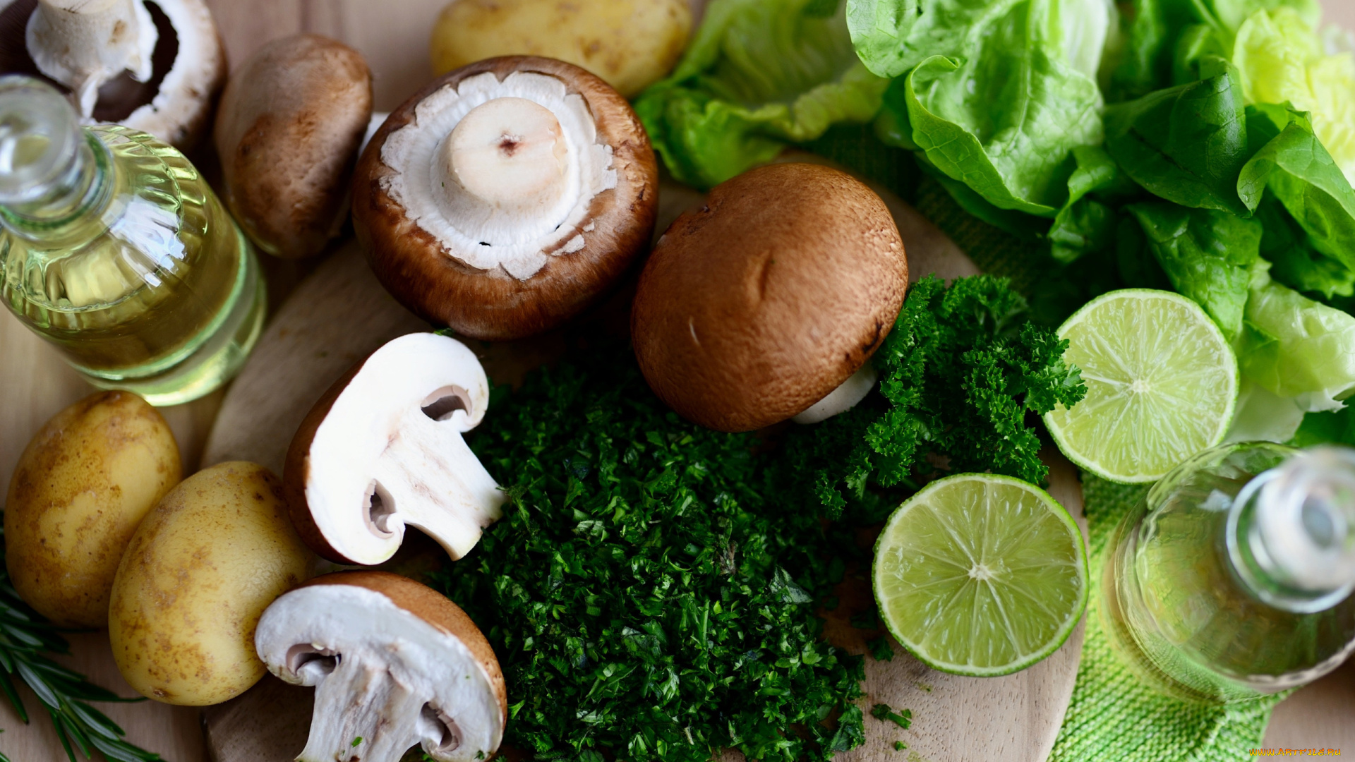 еда, разное, масло, зелень, грибы, шампиньоны