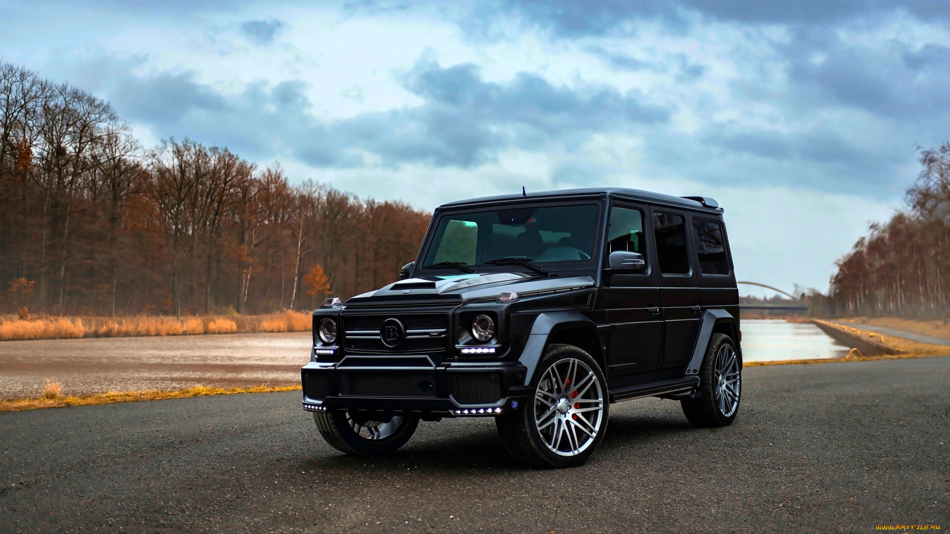 mercedes-benz, g-класс, автомобили, mercedes-benz, черный, площадка, пруд, лес, осень