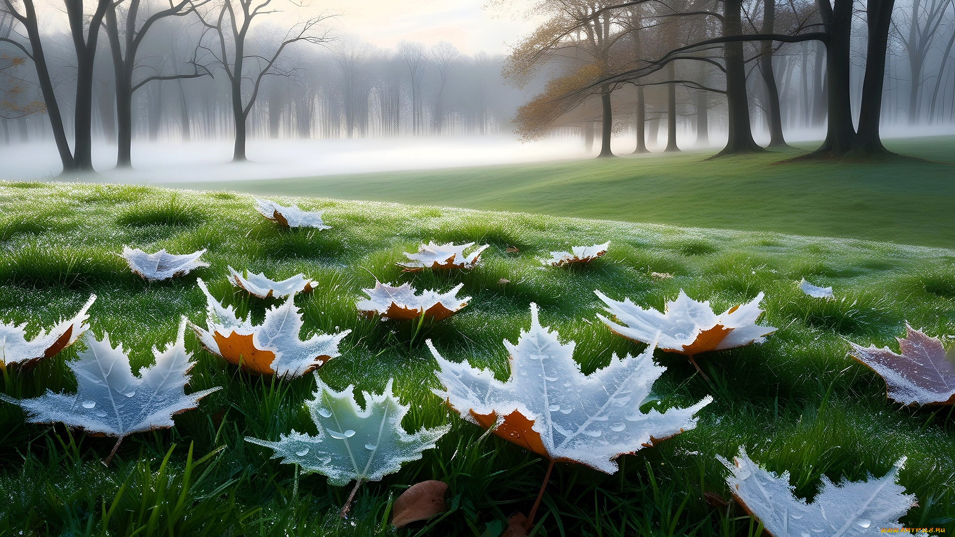 разное, компьютерный, дизайн, листья, трава, капли, деревья, туман, лес