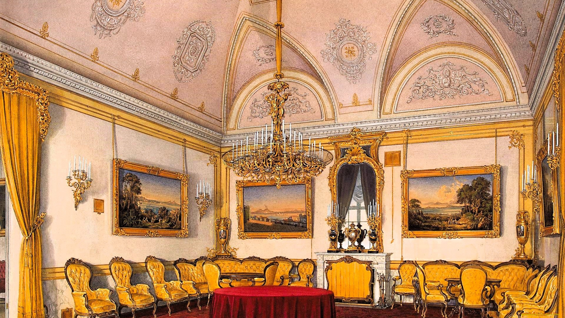 рисованное, эдуард, гау, дворец, интерьер, зал, свод, лепнина, люстра, стулья, стол, ковер, картины